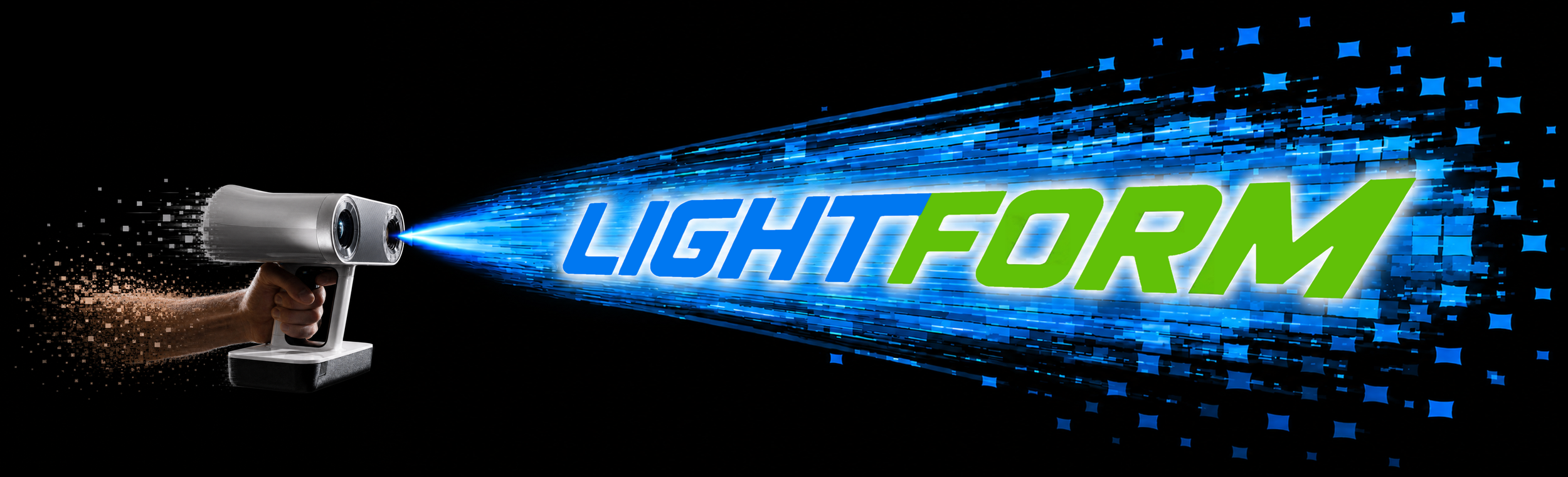 Image of a hand holding a device that emits a blue laser beam, creating dynamic digital effects with the text 'LIGHT FORM' in blue and green letters.