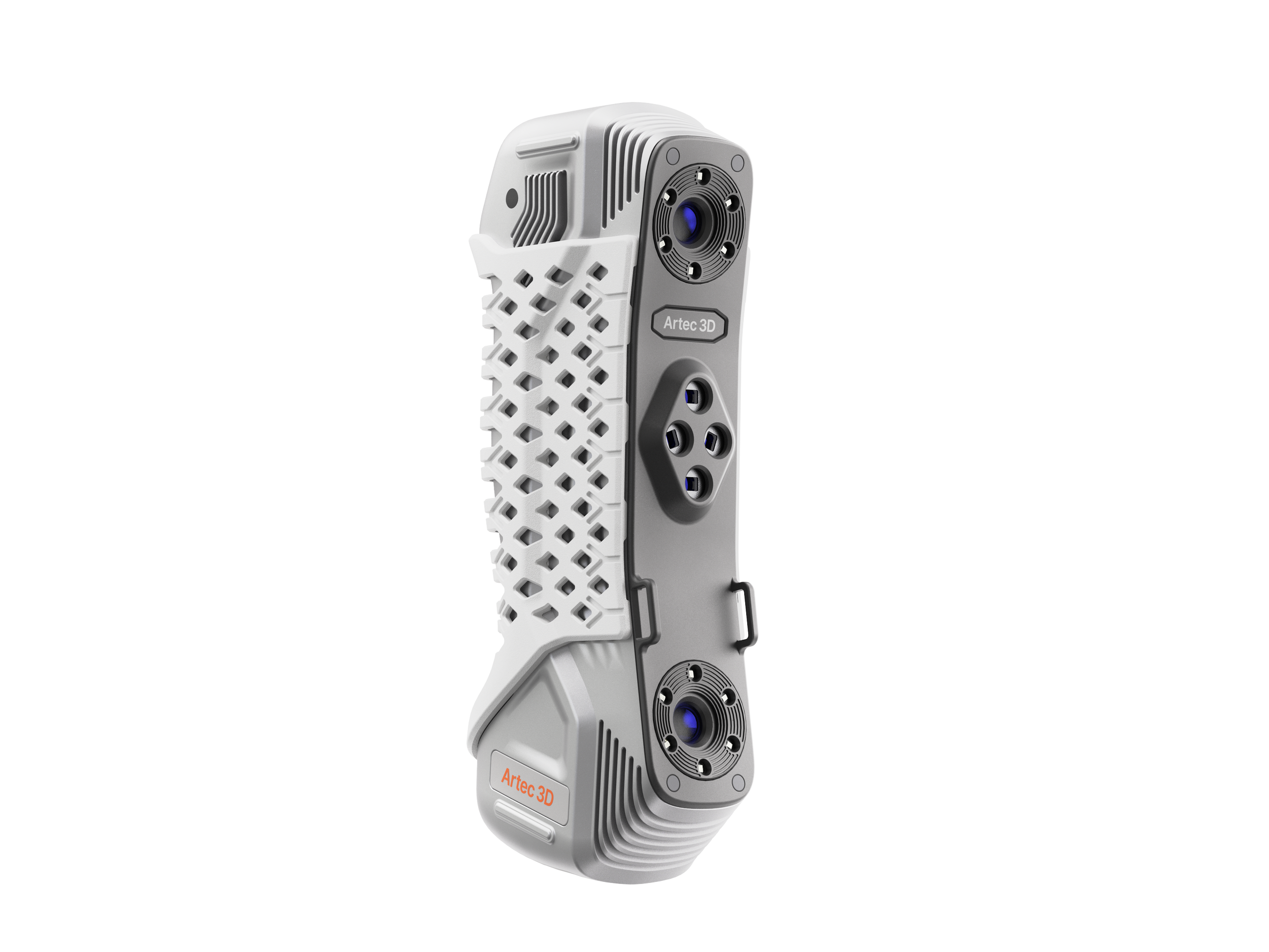 A 3D rendered image of a futuristic device with intricate design elements, sensors, and a label saying 'Artec 3D'.