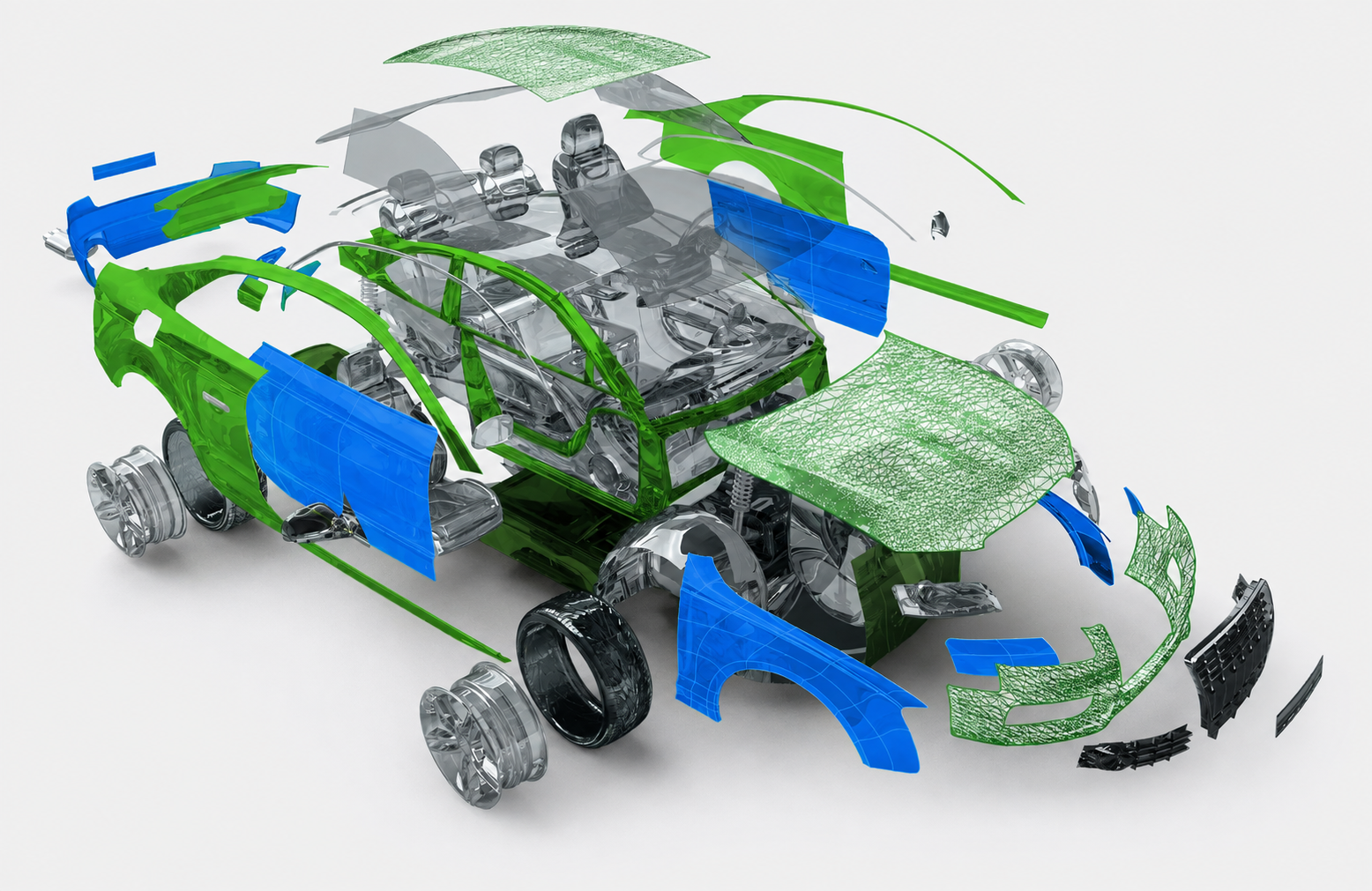 An exploded view of a CAD model made from 3D scans of a vehicle