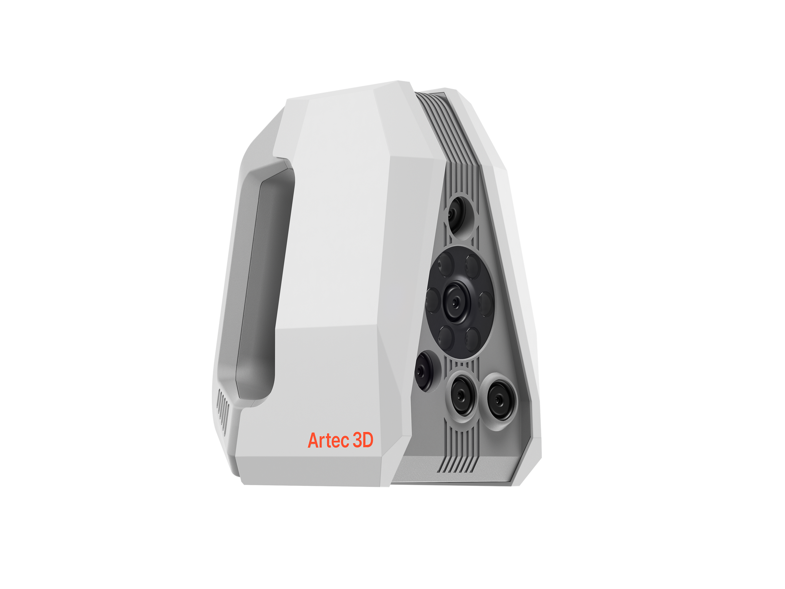 A 3D model of a modern speaker with multiple drivers arranged vertically. The speaker is white with the words 'Artec 3D' in red on the front.