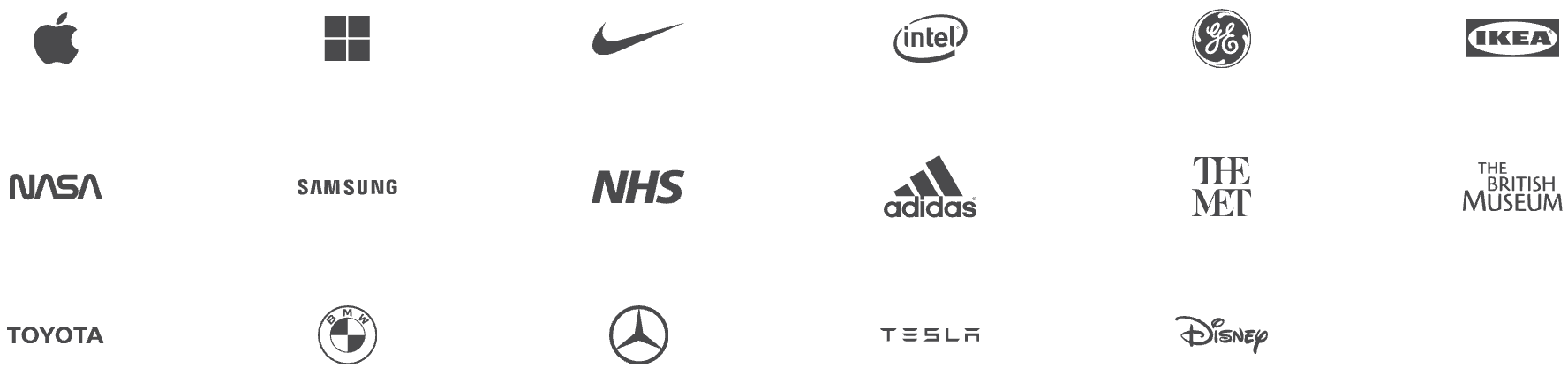Collection of various logos of companies that use Artec scanenrs, including Apple, Microsoft, Nike, Intel, GE, IKEA, NASA, Samsung, NHS, Adidas, The Met, British Museum, Toyota, BMW, Mercedes, Tesla, Disney.