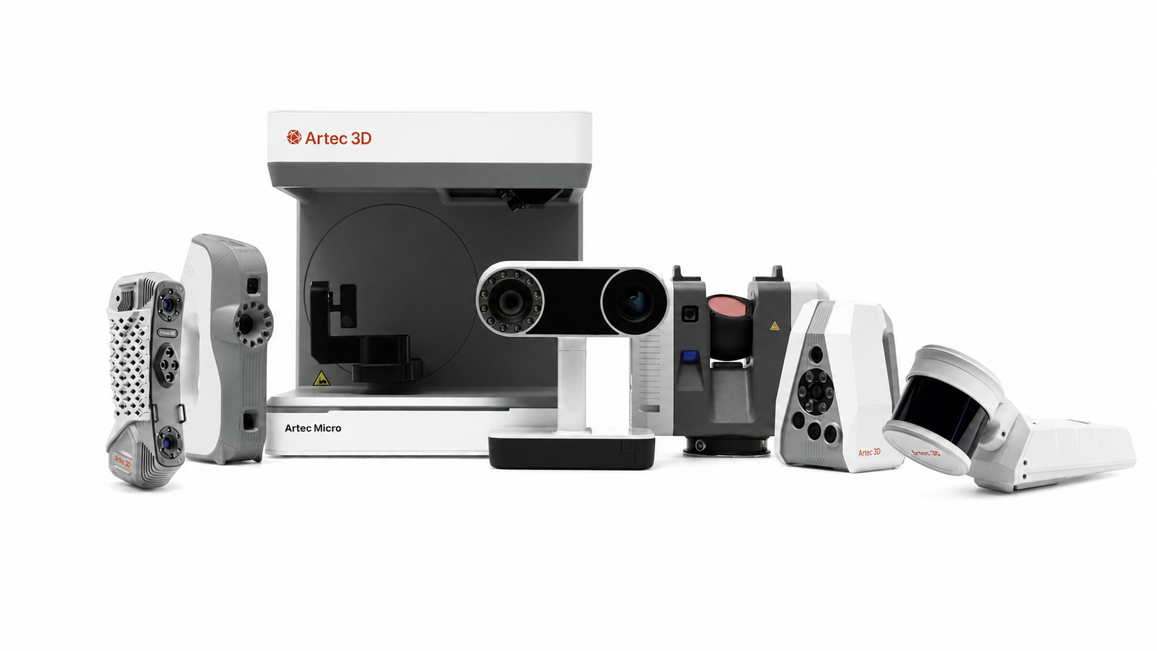 Collection of 3D scanning and imaging equipment, including various cameras, sensors, and a 3D scanner with the Artec 3D logo, arranged on a white background.