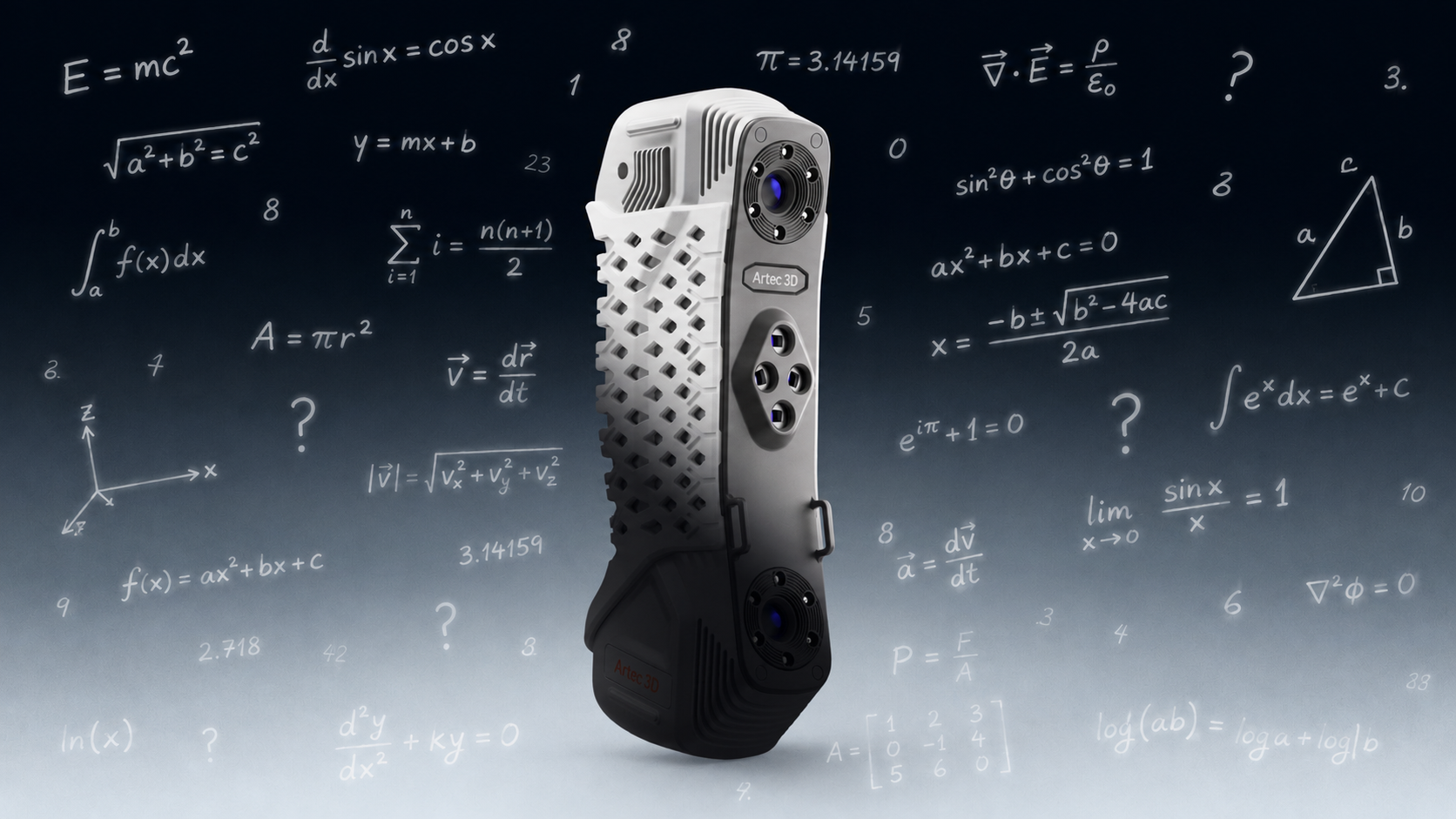 The Artec Point II 3D scanner, surrounded by a dark background filled with mathematical formulas and equations