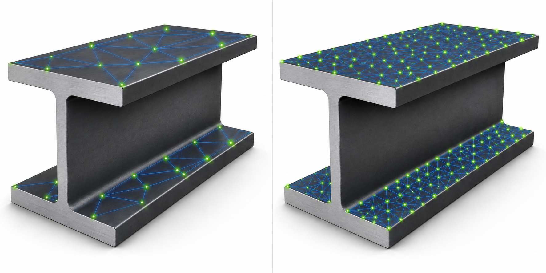 Comparison of two metal I-beams displaying a difference in 3D scan mesh resolution