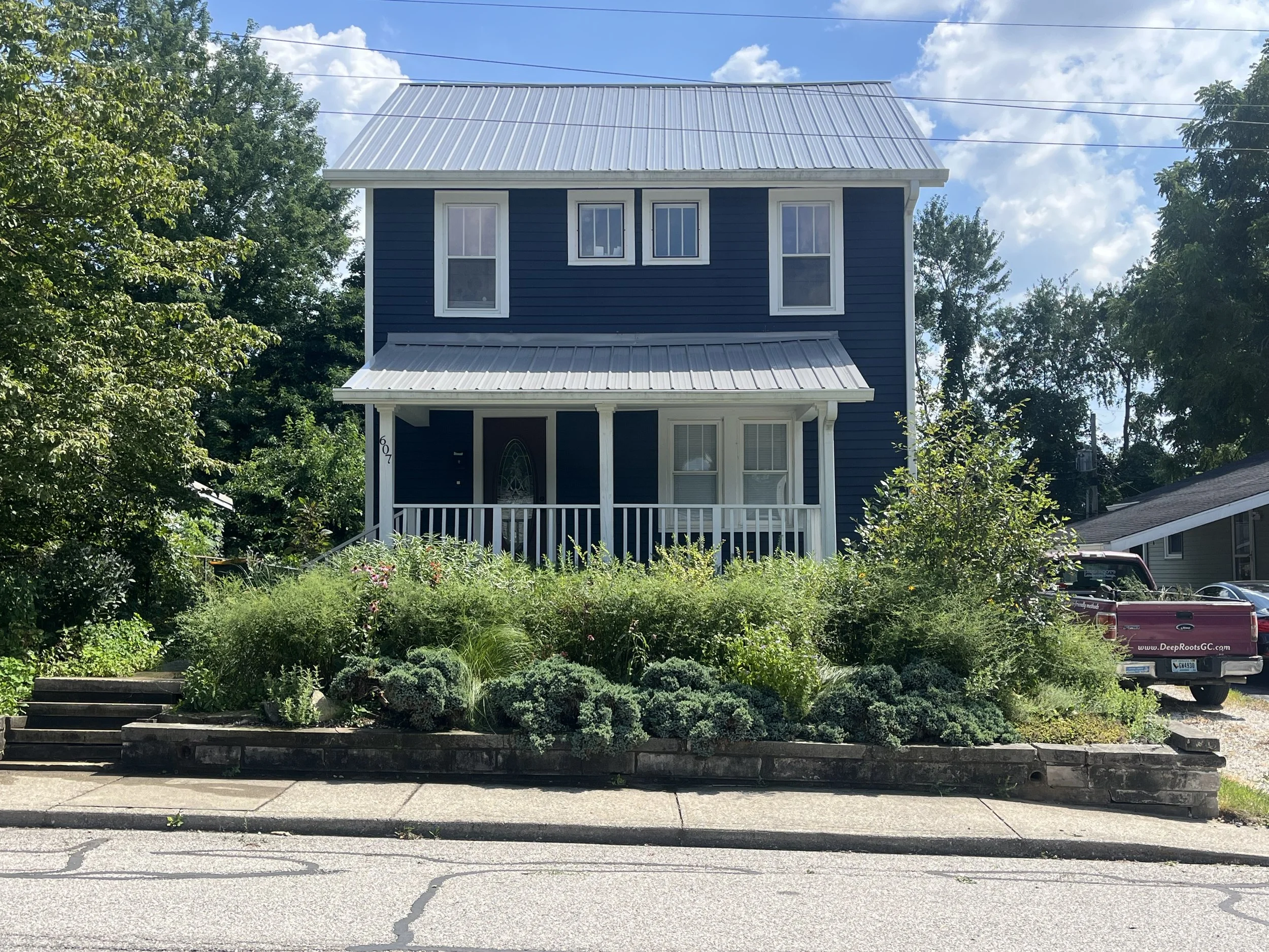 A previously-planted and overgrown prairie garden, cleaned up and looking full to the brim with blue juniper, asters, coneflowers, amsonia, dropseed grass, and wild petunias.