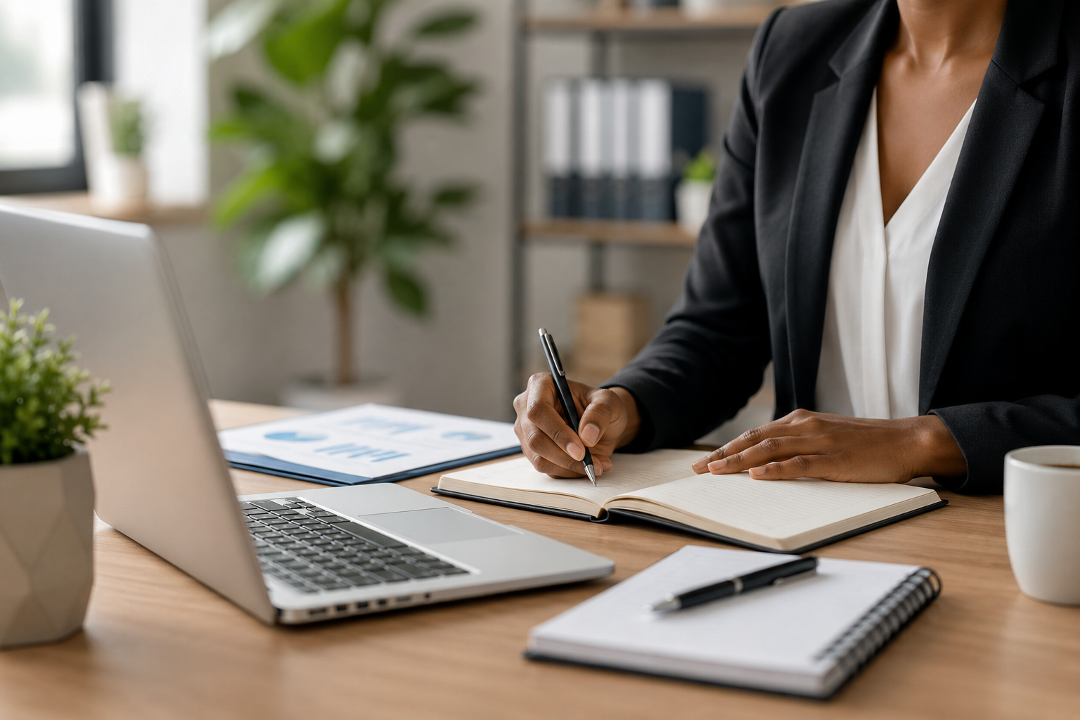 A person in a black blazer and white blouse sitting at a desk, writing in an open notebook with a pen. The desk has a laptop, a notepad with a pen, a coffee mug, and a document with charts. In the background, there's a potted plant and shelves with books and files.