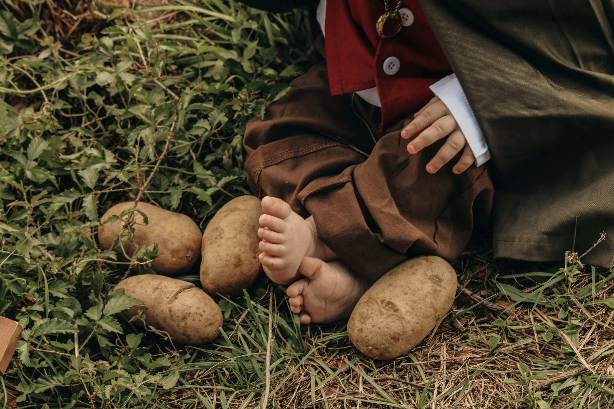A child wearing a red and black jacket, with only their hand and foot visible, lying on the ground among emerging potatoes and green plants.