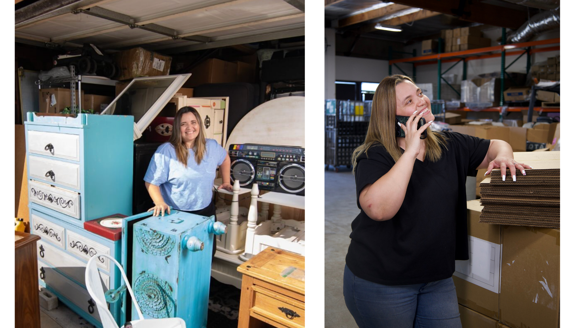 Two women in warehouse or storage environment. The woman on the left is smiling, standing next to painted furniture and a stereo system. The woman on the right is talking on a phone, touching stacked cardboard boxes.