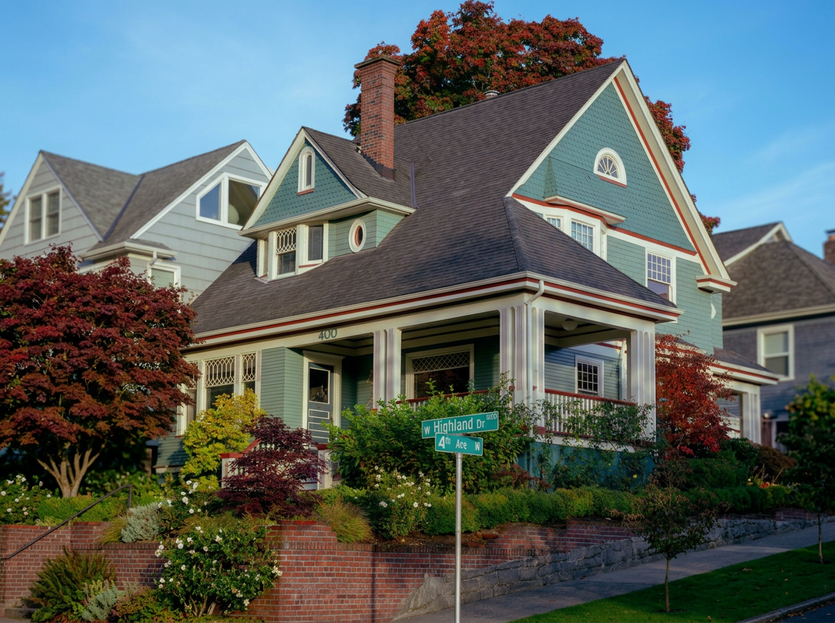 A two-story home in a Seattle neighborhood, with teal siding, a well-maintained garden, and colorful trees in front.