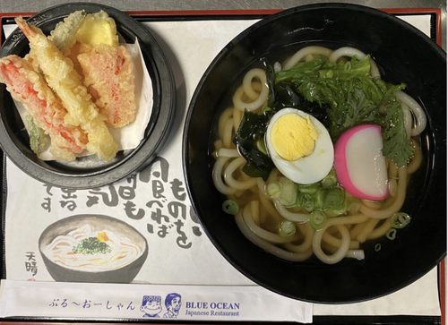 A bowl of udon noodle soup with green vegetables, a halved boiled egg, and a pink fish cake, next to a small plate of assorted tempura on a tray.