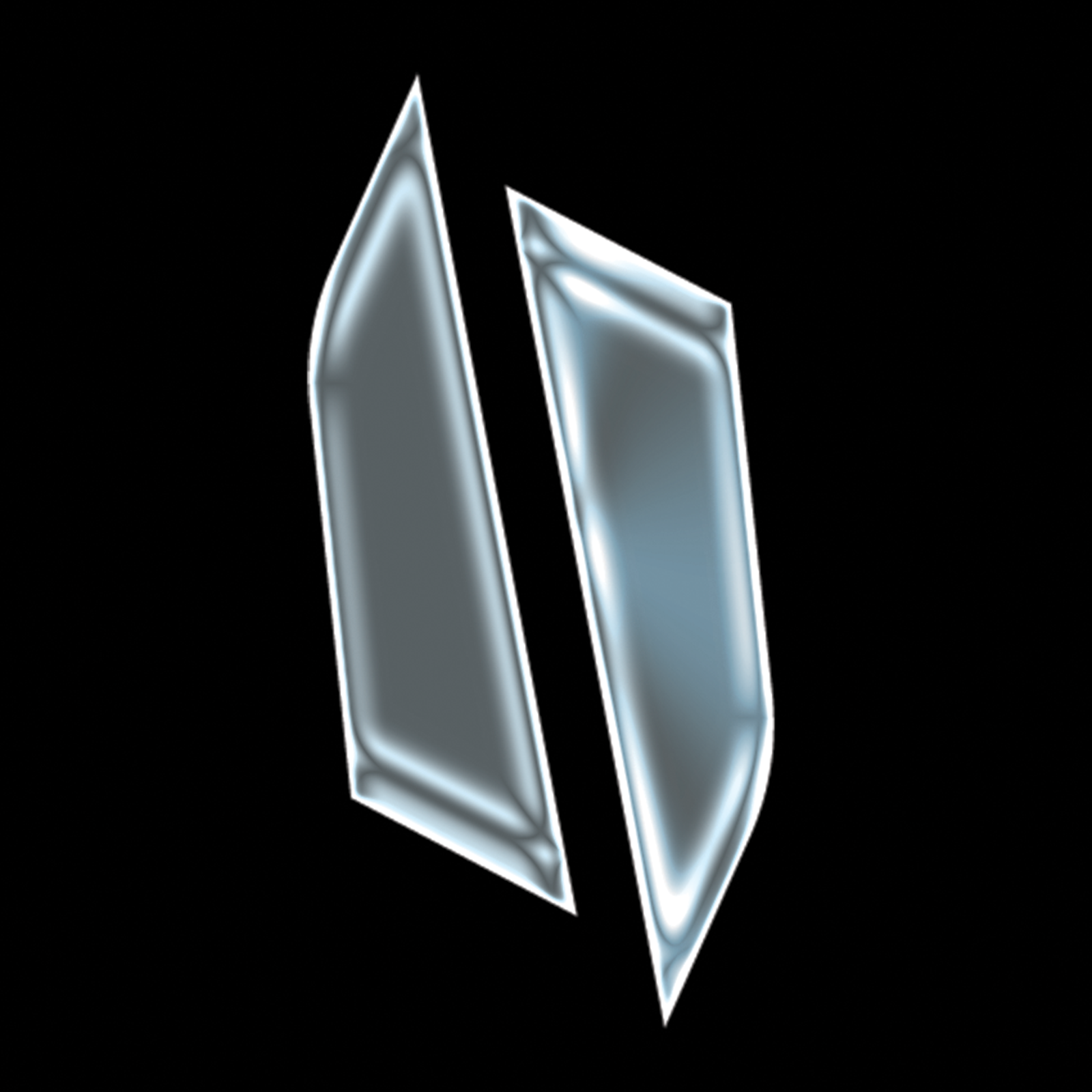 A metallic, three-dimensional diamond-shaped object against a black background.