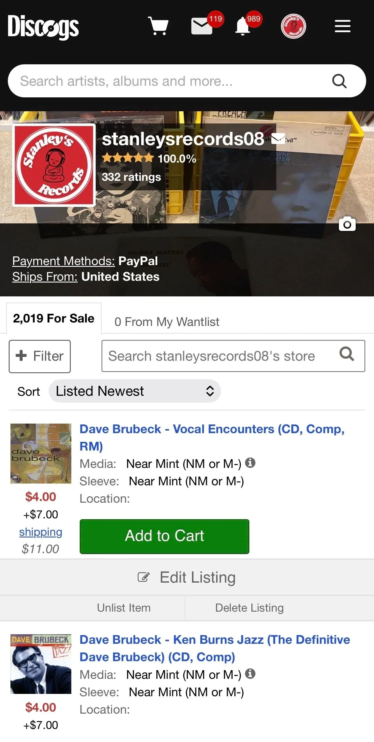 Screenshot of an online record store listing showing vinyl records for sale, including albums by Dave Brubeck, with pricing, shipping info, and shopping cart options.