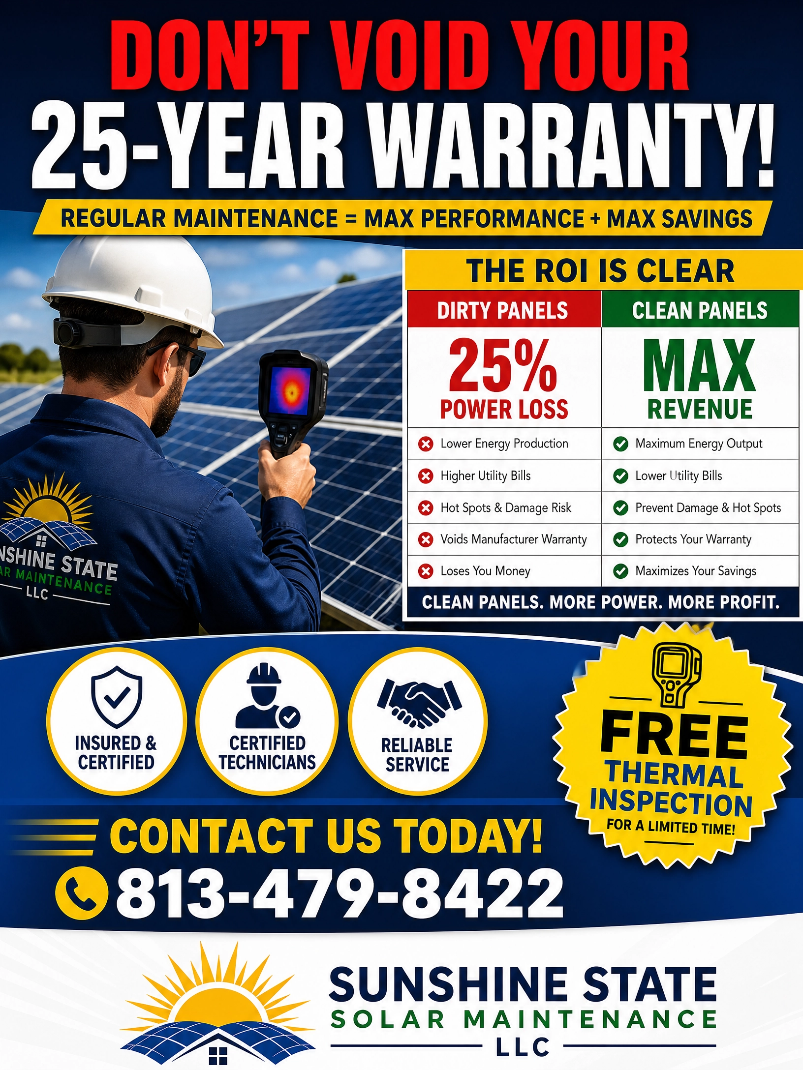 An advertisement for Sunshine State Solar Maintenance LLC with a background of solar panels and a person inspecting solar panels with thermal imaging equipment. The ad highlights a 25-year warranty, the benefits of regular maintenance, and a free thermal inspection offer. It provides contact information and emphasizes insured, certified, reliable service.