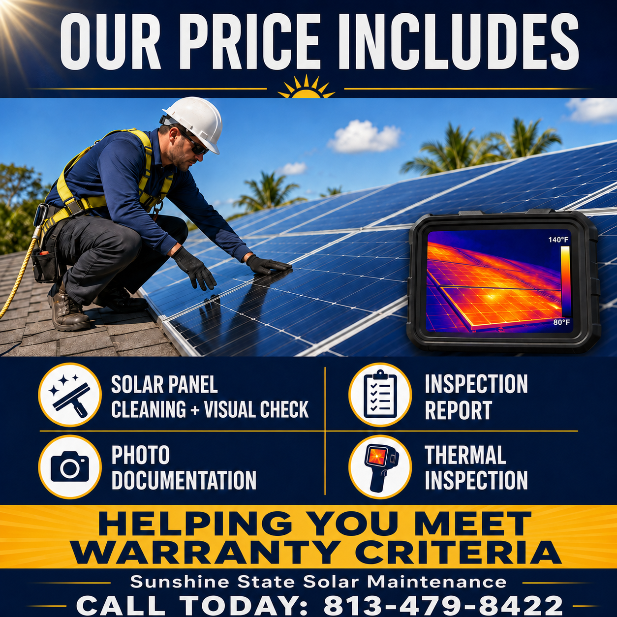 A man in safety gear installing solar panels on a rooftop with a display showing thermal imagery of the solar panel.