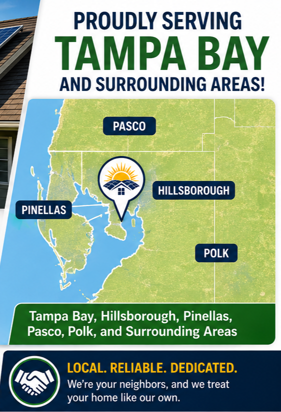 Map highlighting Tampa Bay, Hillsborough, Pinellas, Pasco, and Polk counties in Florida, with the company's logo in the center. Text indicates they serve Tampa Bay and surrounding areas.