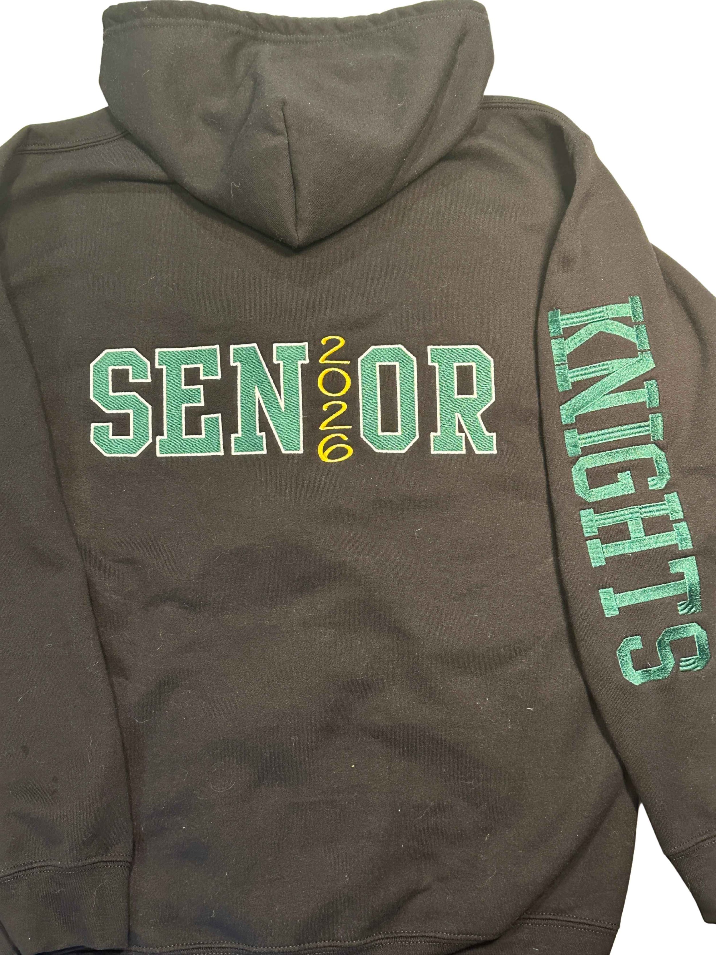 Black hoodie with embroidered text 'SENIOR 2023' on the front and arm.