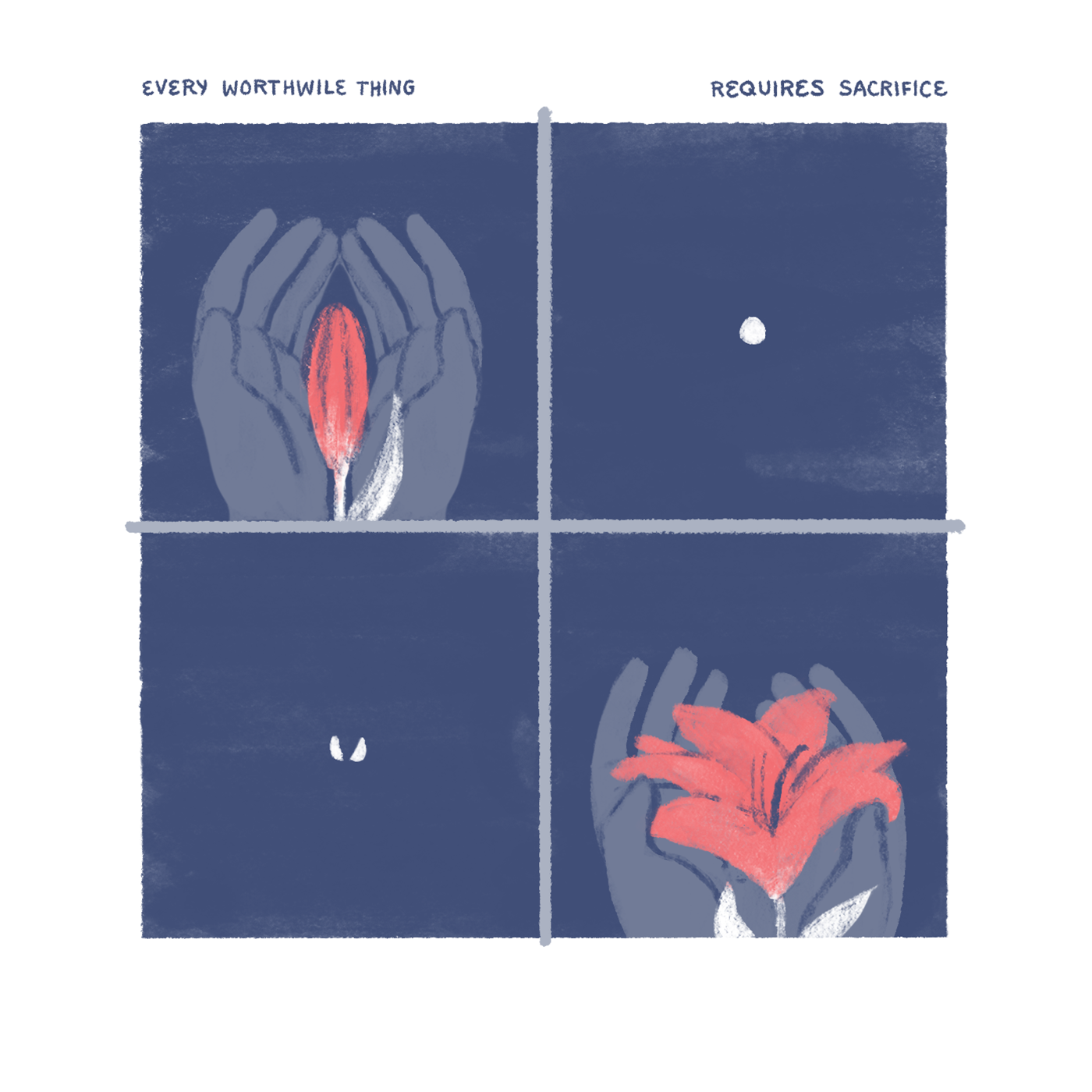"Every worthwhile thing requires sacrifice." Hands hold a red lily about to blossom, then we see the hands holding a lily in full blossom. The same lone seed in the soil, then we see that seed split in two.