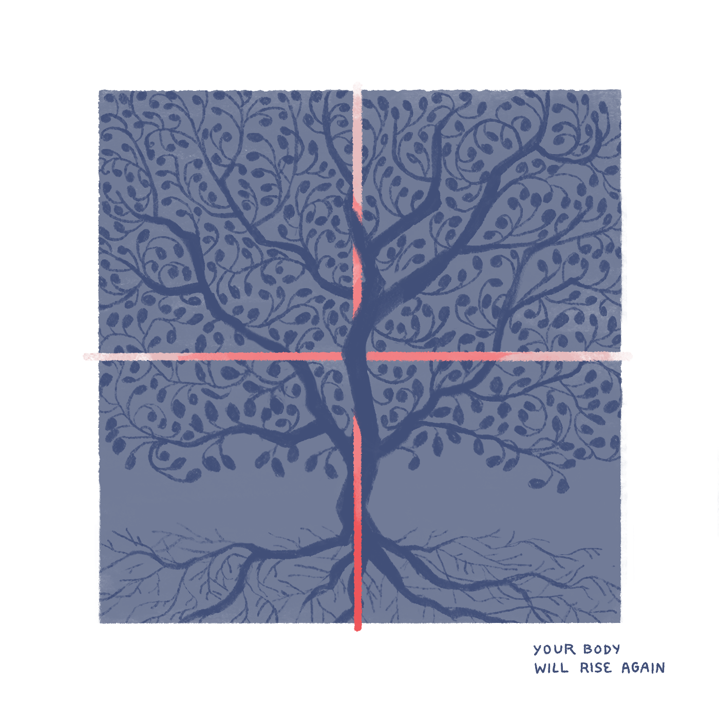 "Your body will rise again." The bush or tree has now grown absolutely massive, filling all four panels. 