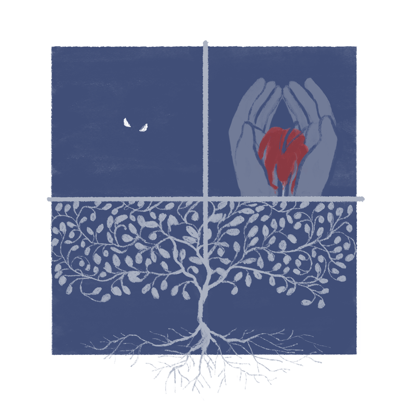 The seed is breaking apart in the soil. Hands hold a lily that is wilted and shriveled. The same bush or plant from two comics ago has grown massive, with huge amounts of leaves and roots. It is becoming a tree.