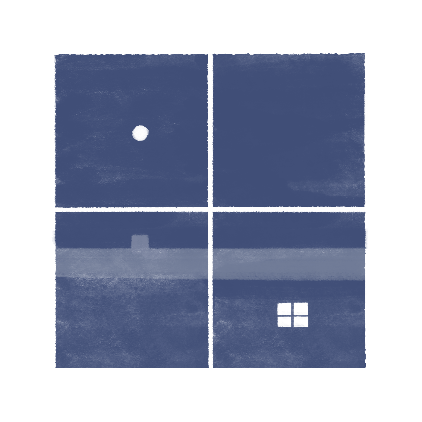 Exterior view of a home at night. A four panel window shines brightly. A full moon overhead.
