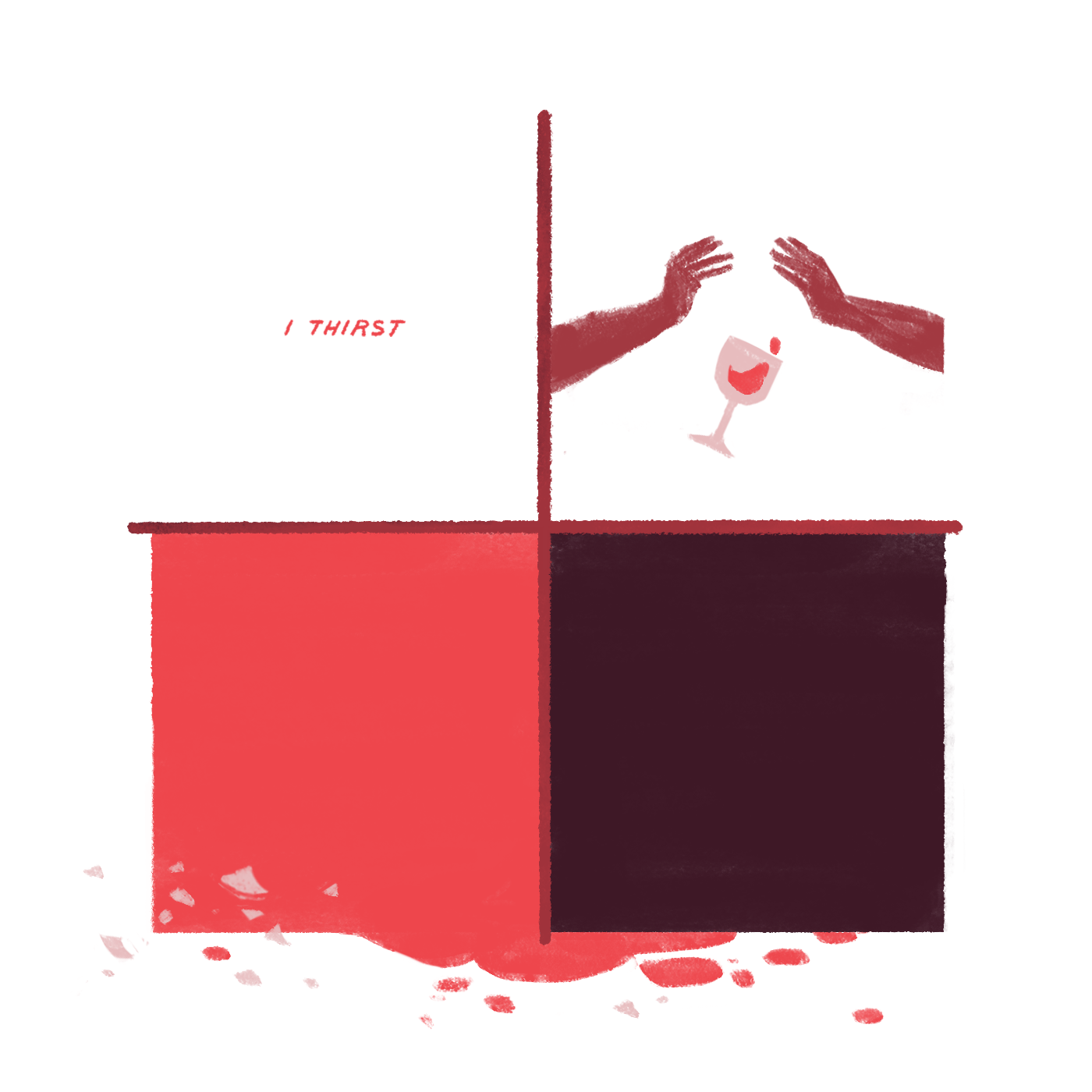 Panel 1: "I thirst." Panel 2: The hands drop the wineglass.  Panel 3: Bright red wine and glass are splattered everywhere. Panel 4: Darkness.