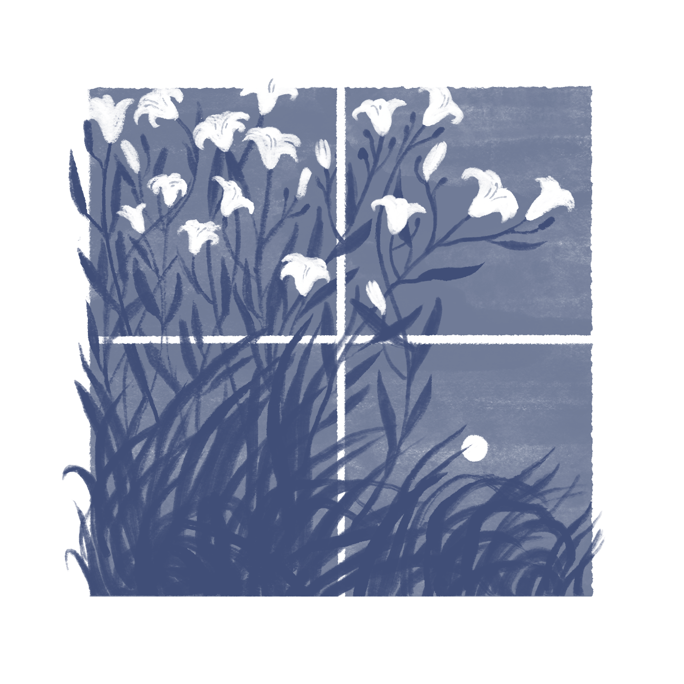 An overgrown patch of wild, blossoming lilies. A full moon is visible through the tangle of stems and leaves.