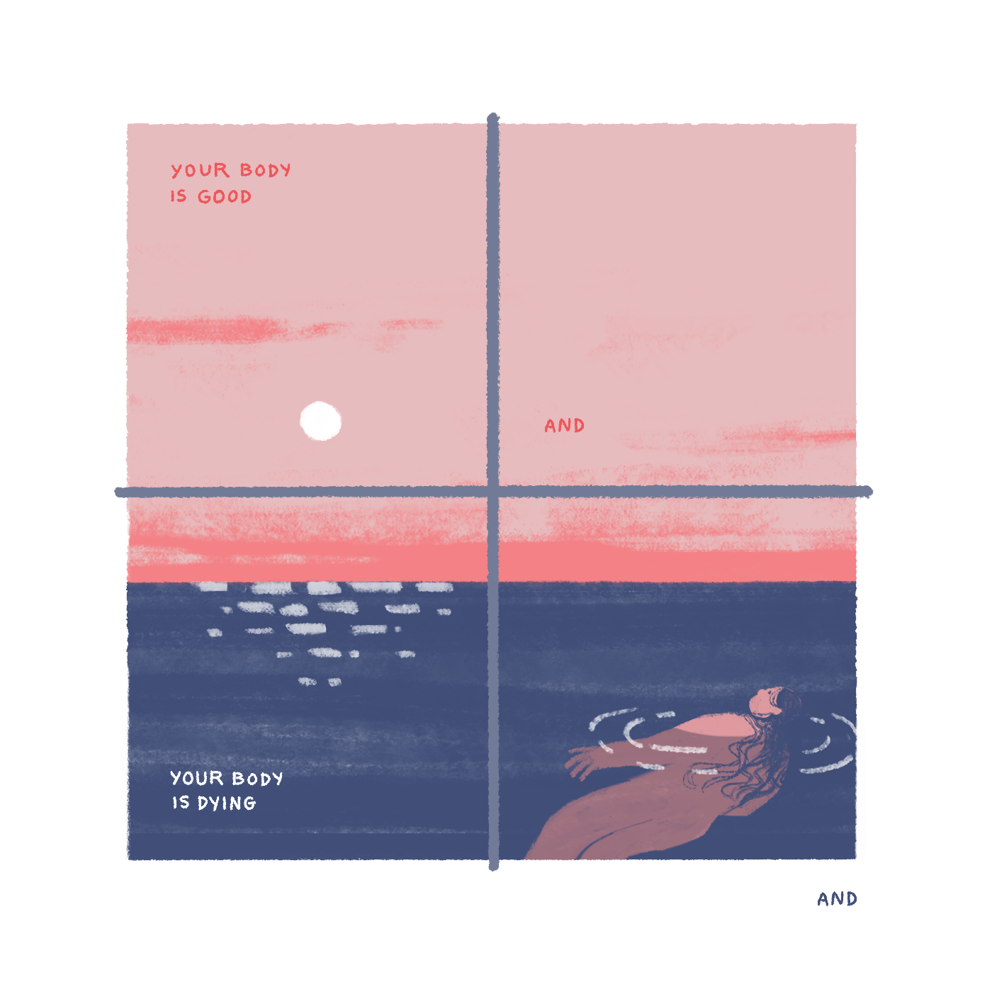 "Your body is good, and, your body is dying. And," The same woman floating in water that we saw before, but now the sky and the woman are both a shocking bright pink.