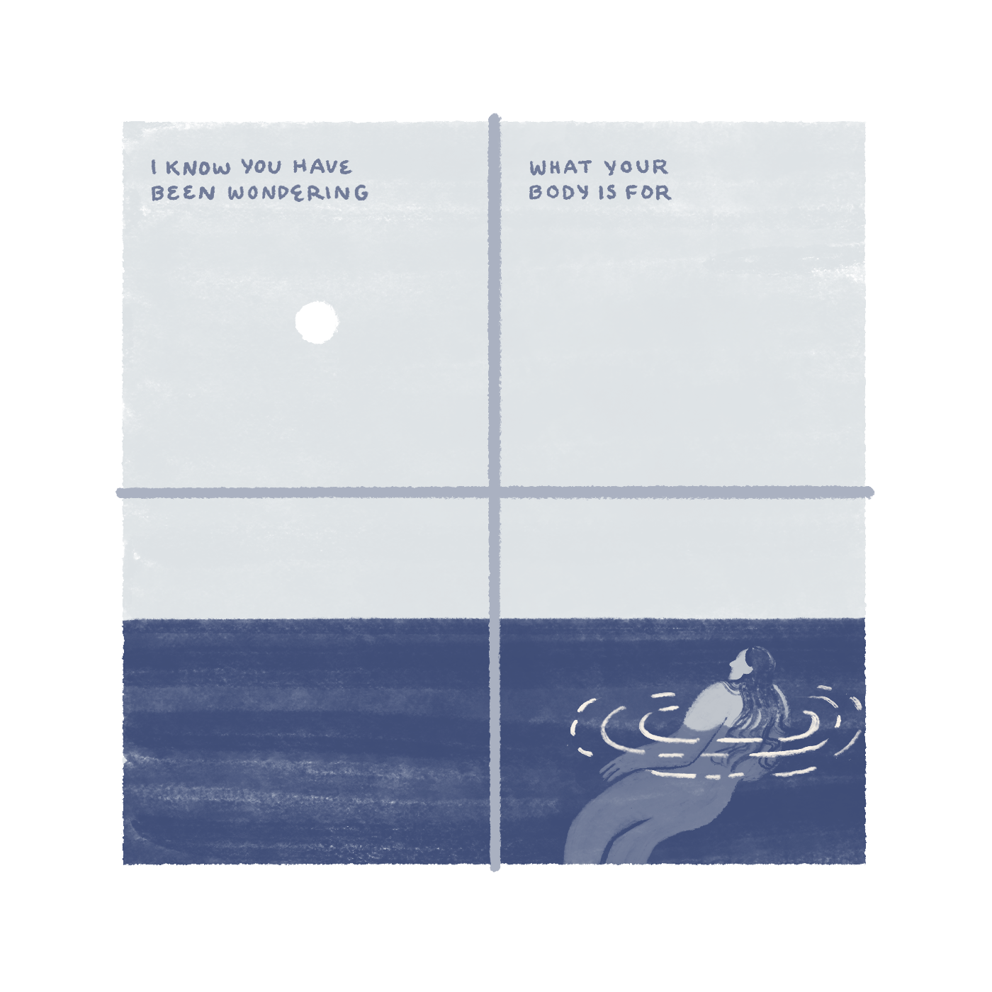 4-panel poetic comic in a monochrome blue watercolor style. Text reads "I know you have been wondering what your body is for." Image of a woman floating in an ocean with her back to us. A white sun or moon is directly overhead.