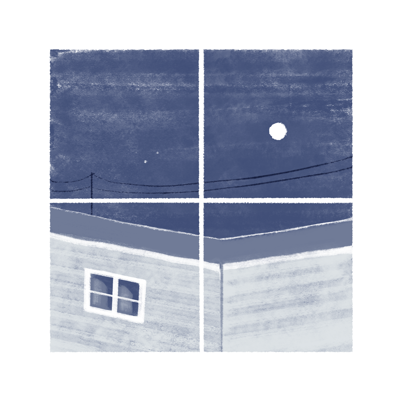 Exterior of a house at night. A single four-panel window is visible. A power line and full moon float overhead.