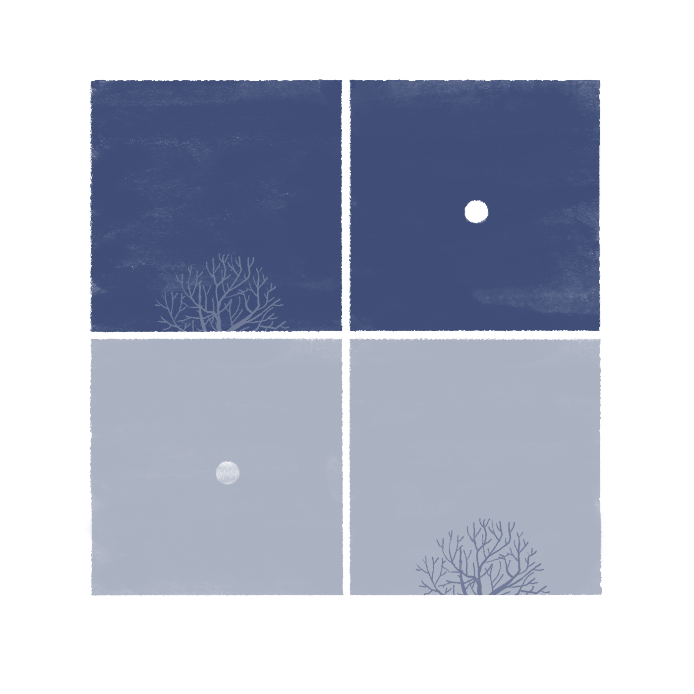 A tree without leaves and a full moon against a clear sky.