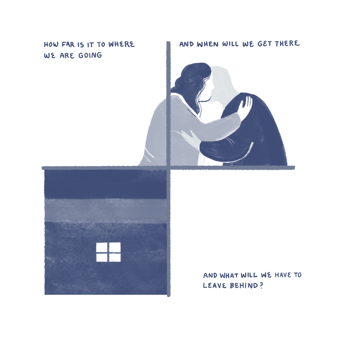 "How far is it to where we are going, and when will we get there, and what will we have to leave behind?" Two figures embrace. Image of the same exterior at night with lit window from the previous comic. 