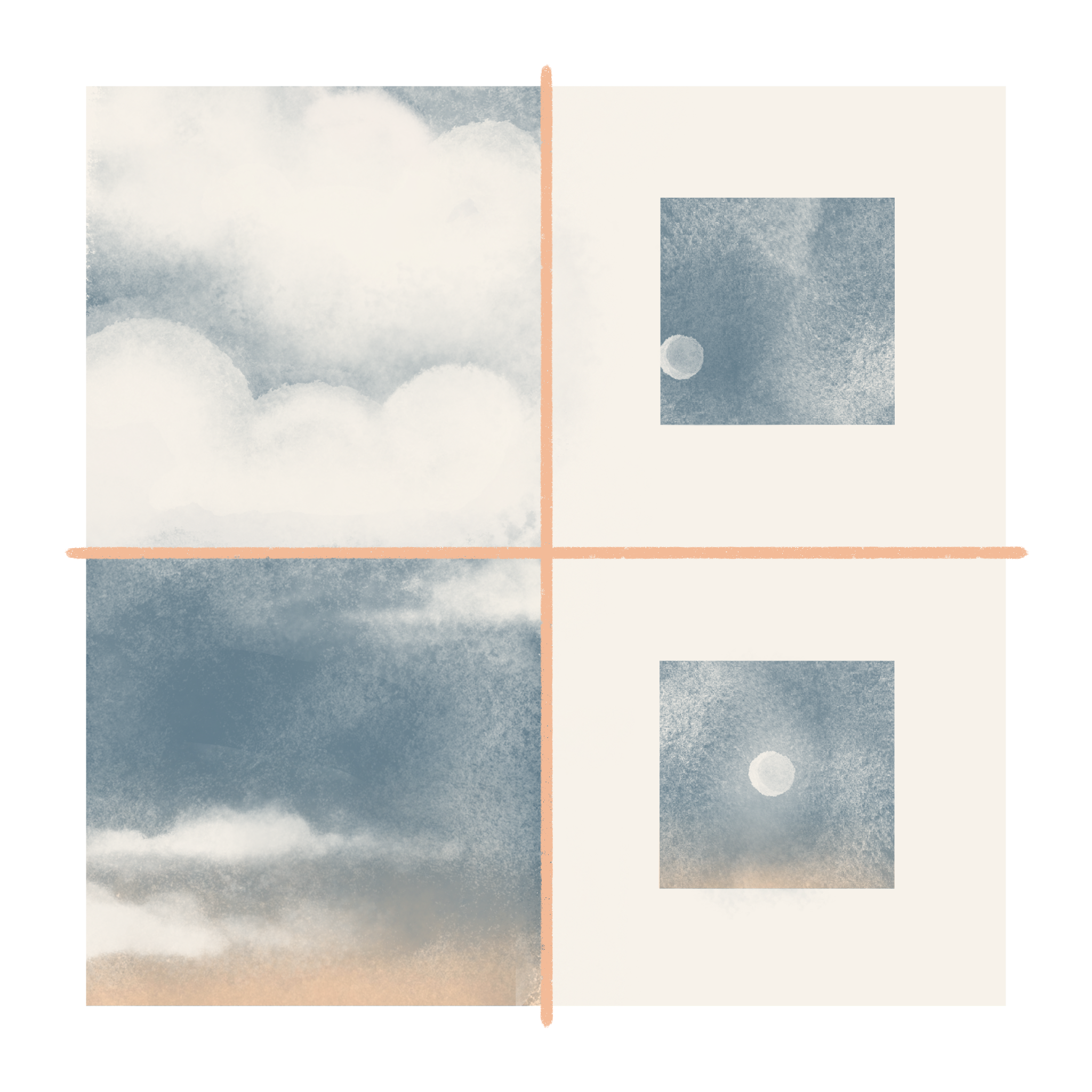 Image: Big clouds. A moon, pale in the daytime sky. Smaller clouds, with the color of sunset. The moon, brighter in the sky. (Copy)