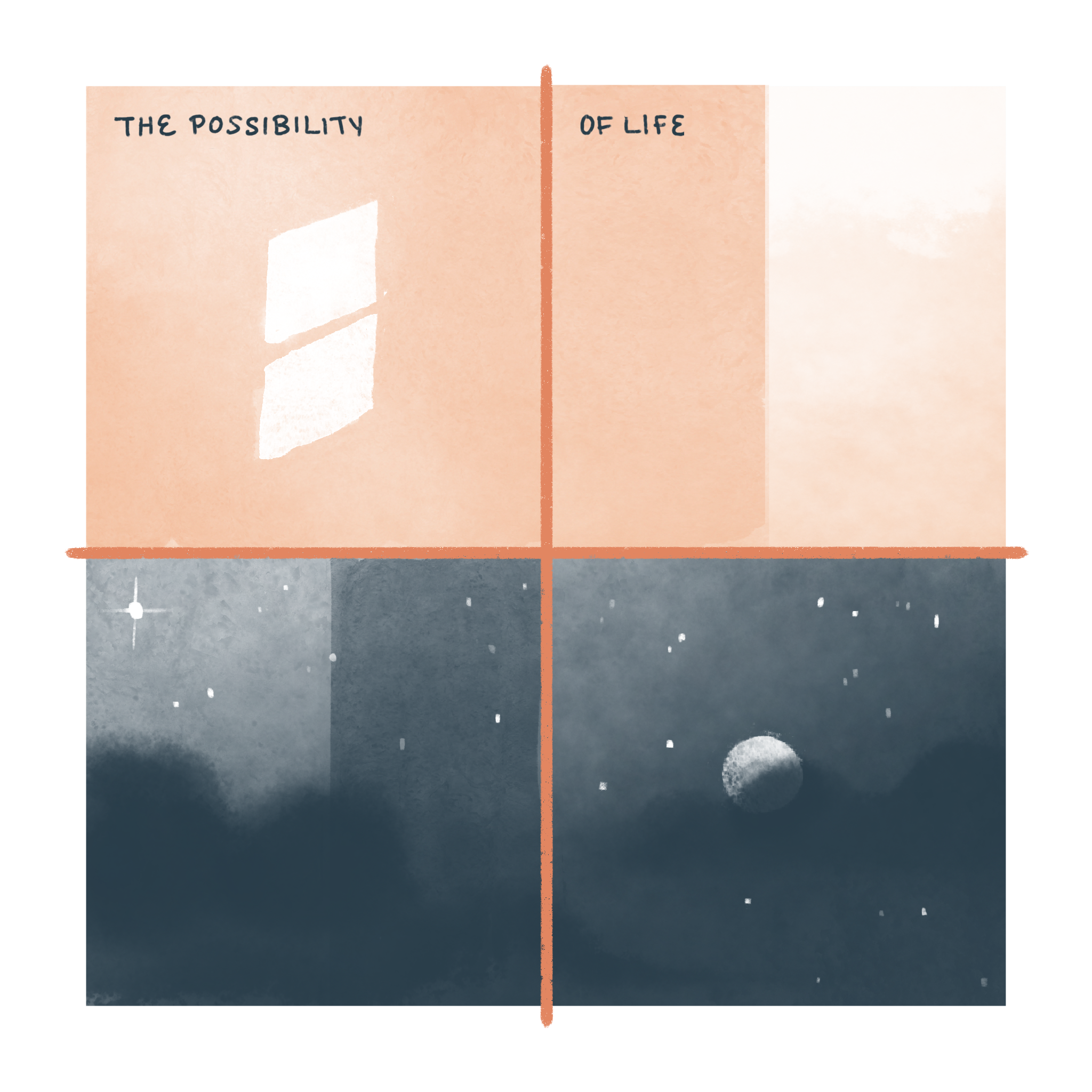Text: The possibility of life. Image: Sun shines on a daytime wall. Dark clouds move over a starry sky with a full moon. (Copy)