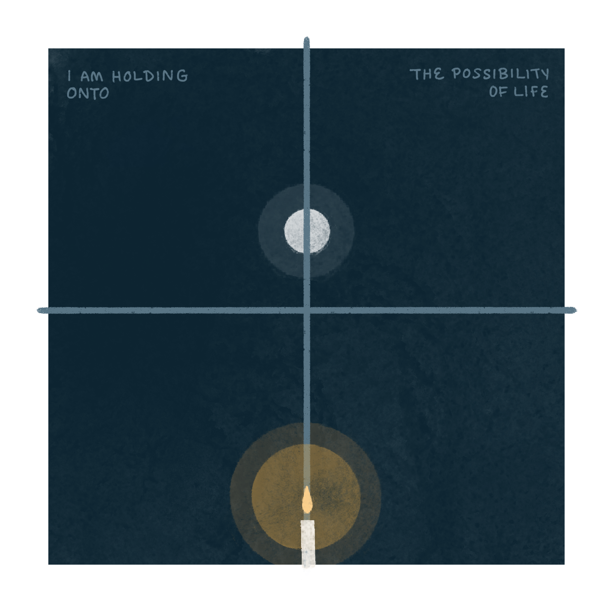 Text: I am holding onto the possibility of life. Image: A round white moon with a round glow; a small taper candle with a large round glow. (Copy)
