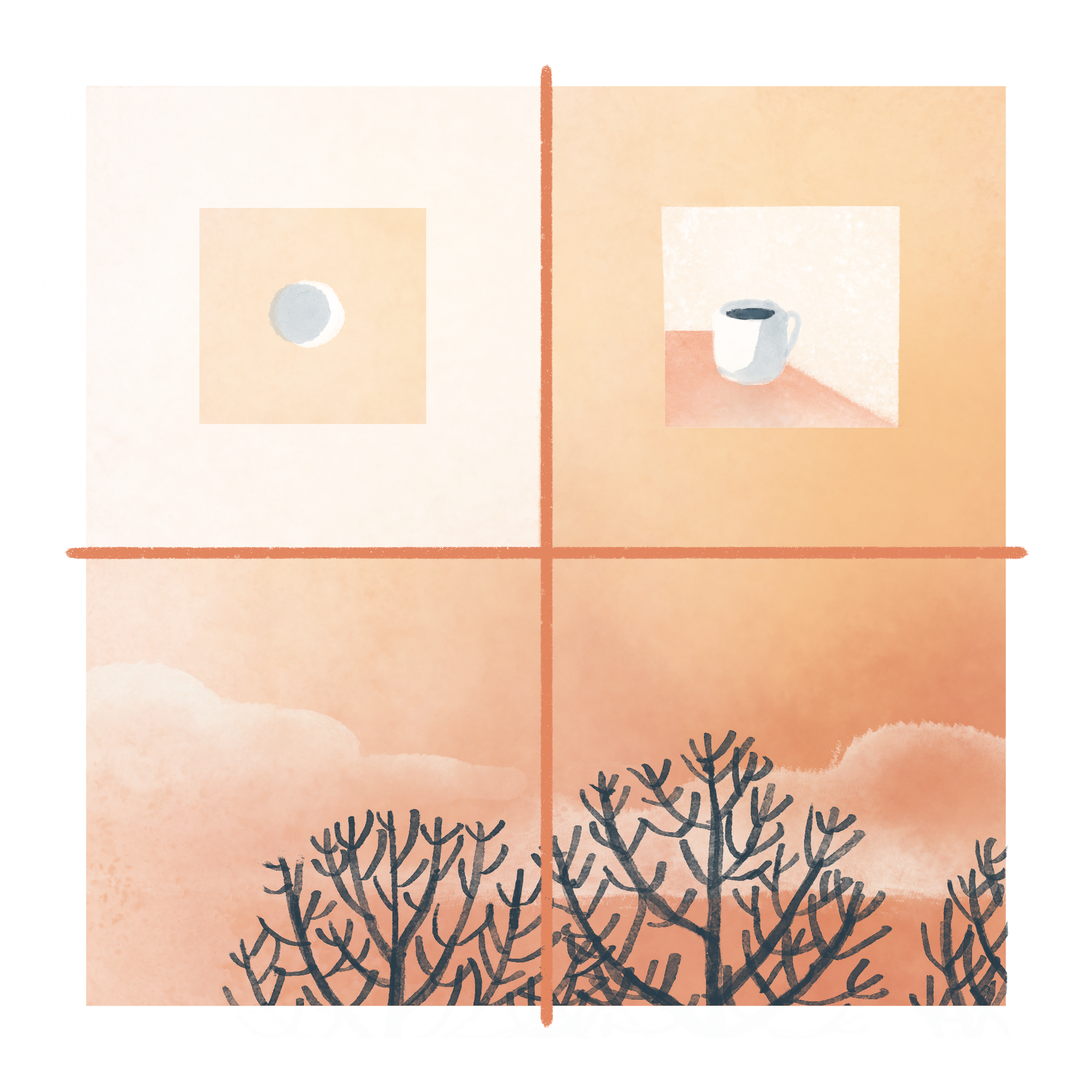 Image: Waxing crescent moon. Cup of coffee on a counter. Bare winter trees over a vibrant sunset sky (Copy)