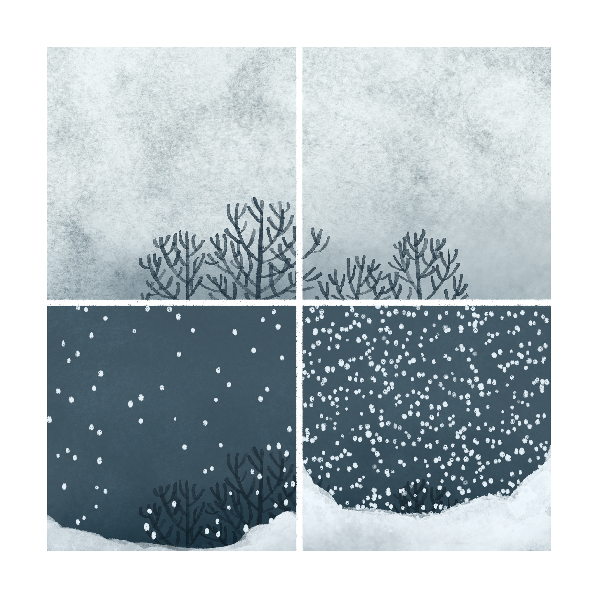 Image: View from a window—bare winter trees in front of pregnant clouds. Those same trees, seen through falling snow. (Copy)