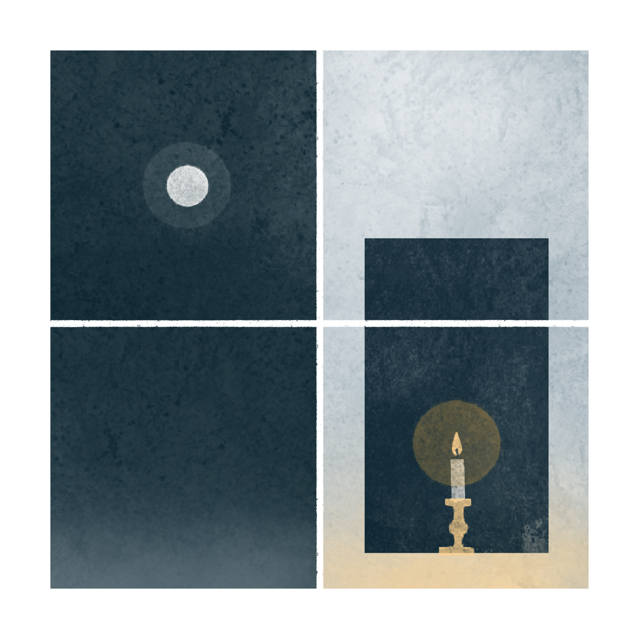 Image: A moon surrounded by a round glow; a taper candle in a window surrounded by a round glow. (Copy)