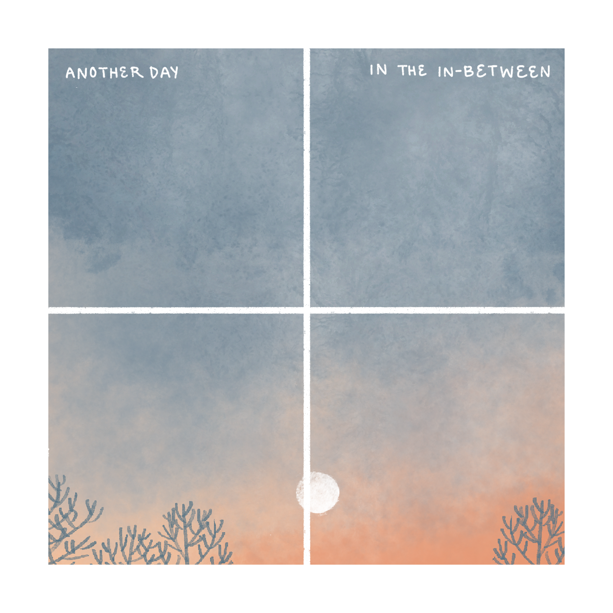 Text: Another day, in the in-between. Image: A white sun sinks down to the horizon as the sky fills with the colors of sunset. (Copy)