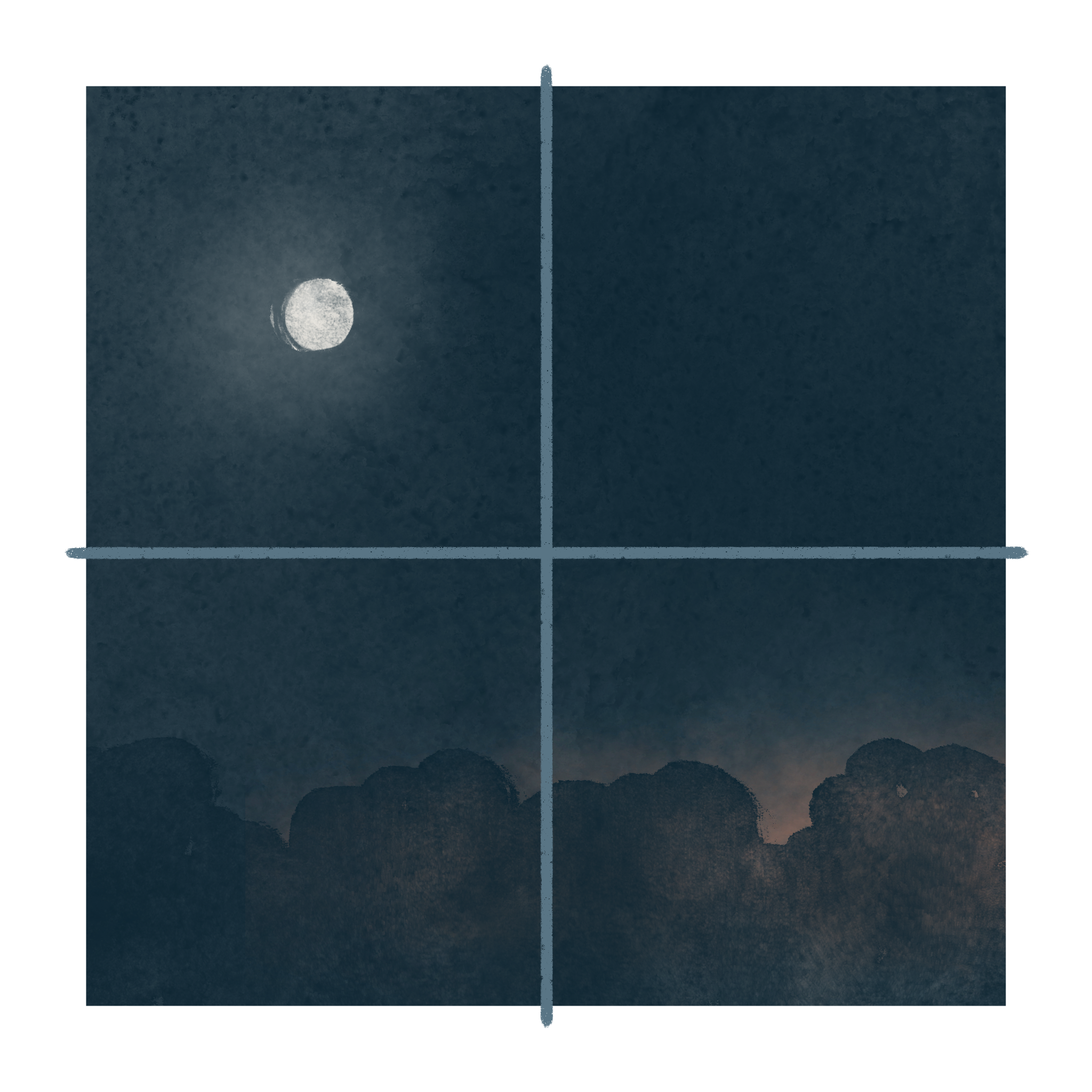 Image: A single bright moon in a starless sky. At the horizon there is a hint of daybreak. (Copy)