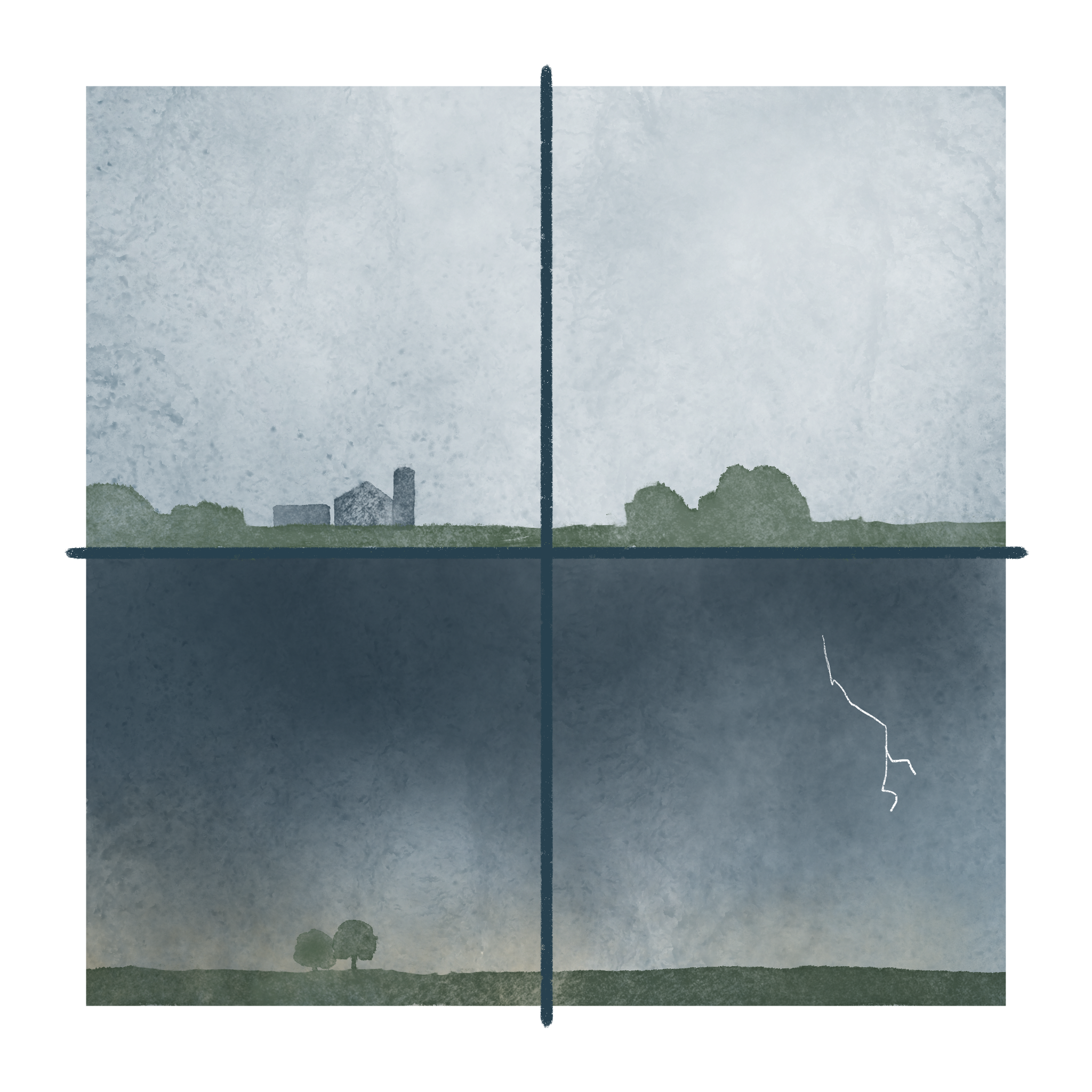 Image: Flat rural landscape with trees and buildings. A sky full of clouds turns dark. A single dart of lightning. (Copy)