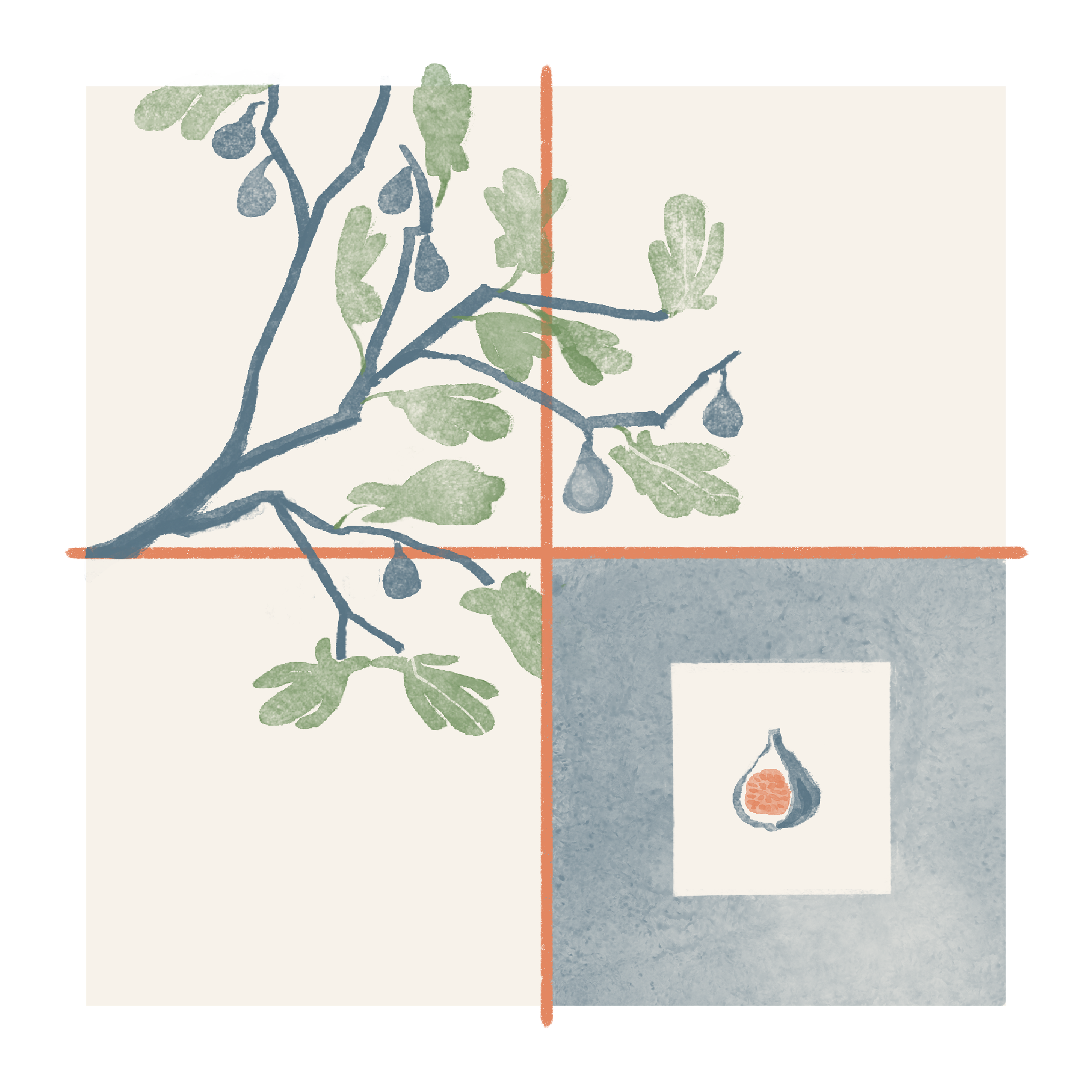 Image: A fig tree, full of ripe fruits. A small halved fig. (Copy)