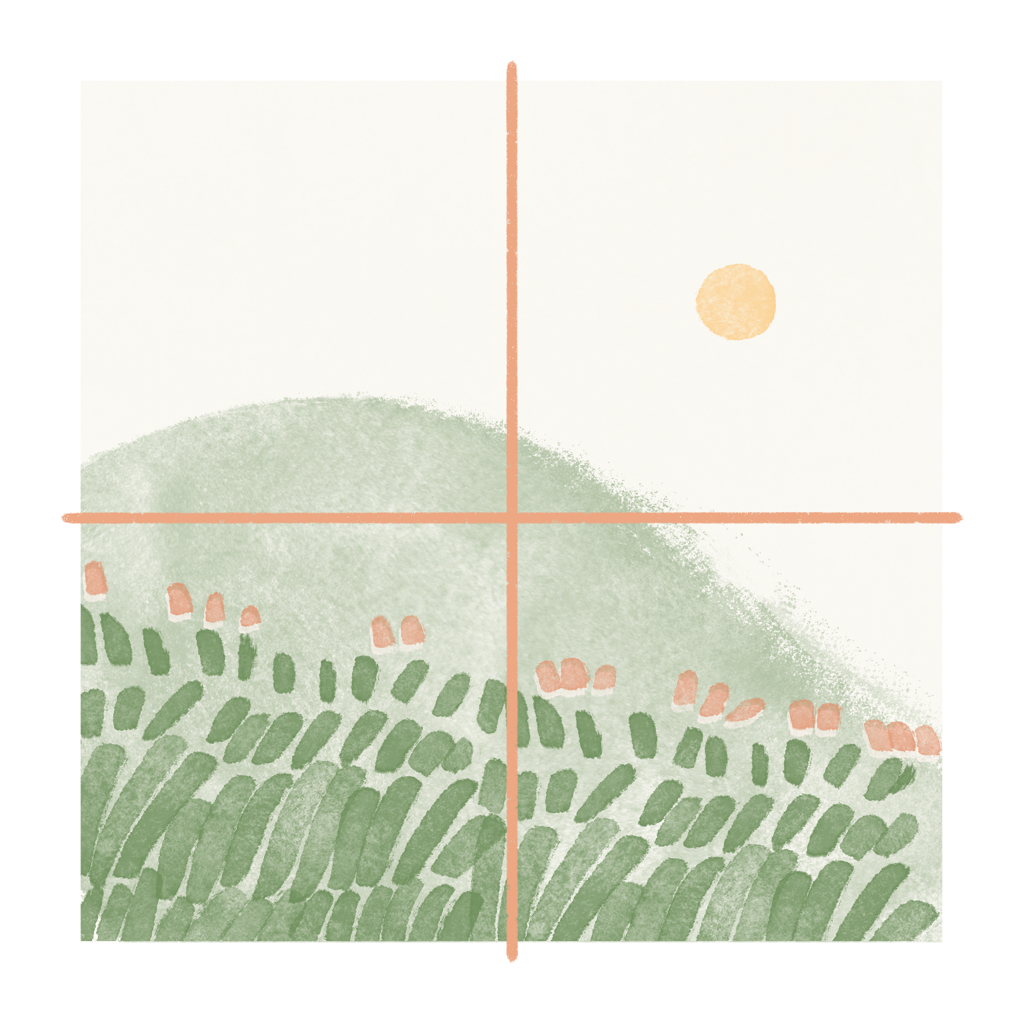 Image: A round yellow sun over a rolling green hillside. (Copy)