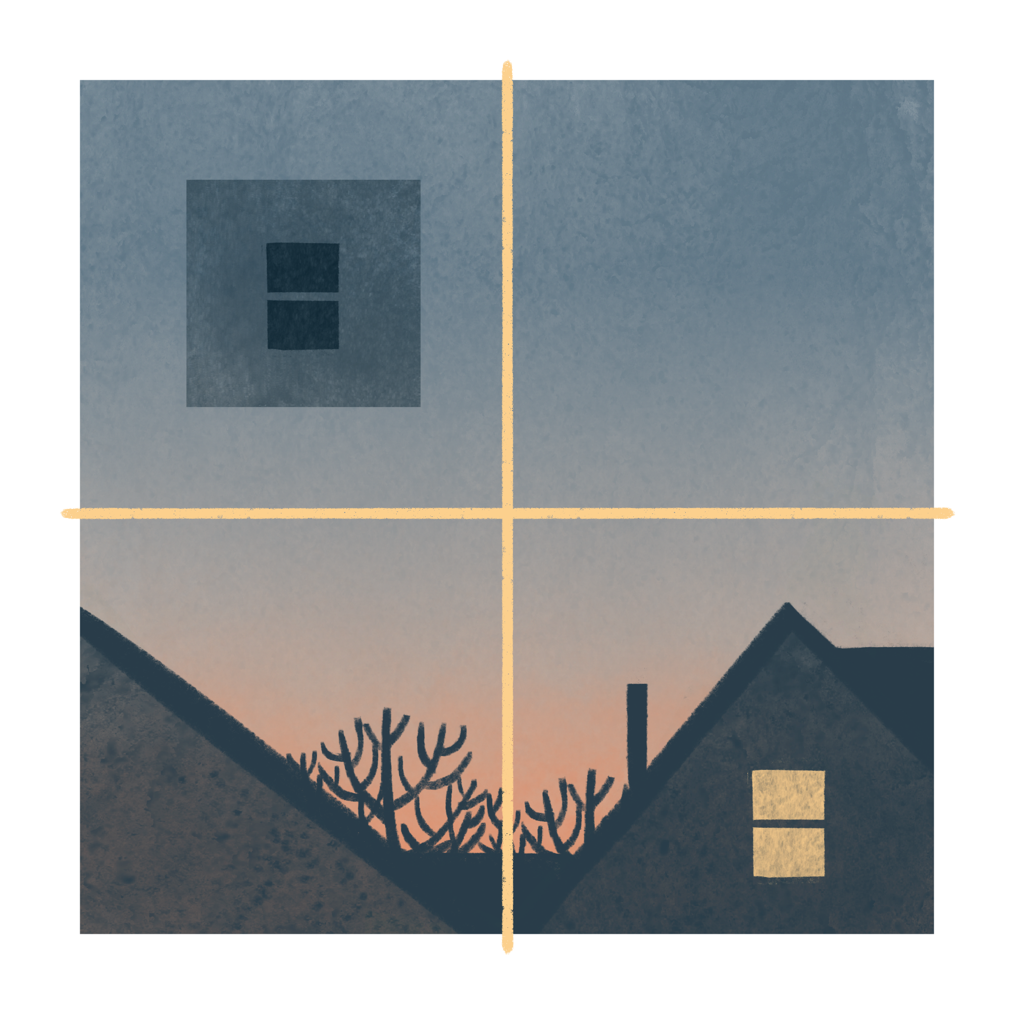 Image: A single dark window. The sky, colorful at sunset. Rooftops of city houses, with one bright window visible.  (Copy)