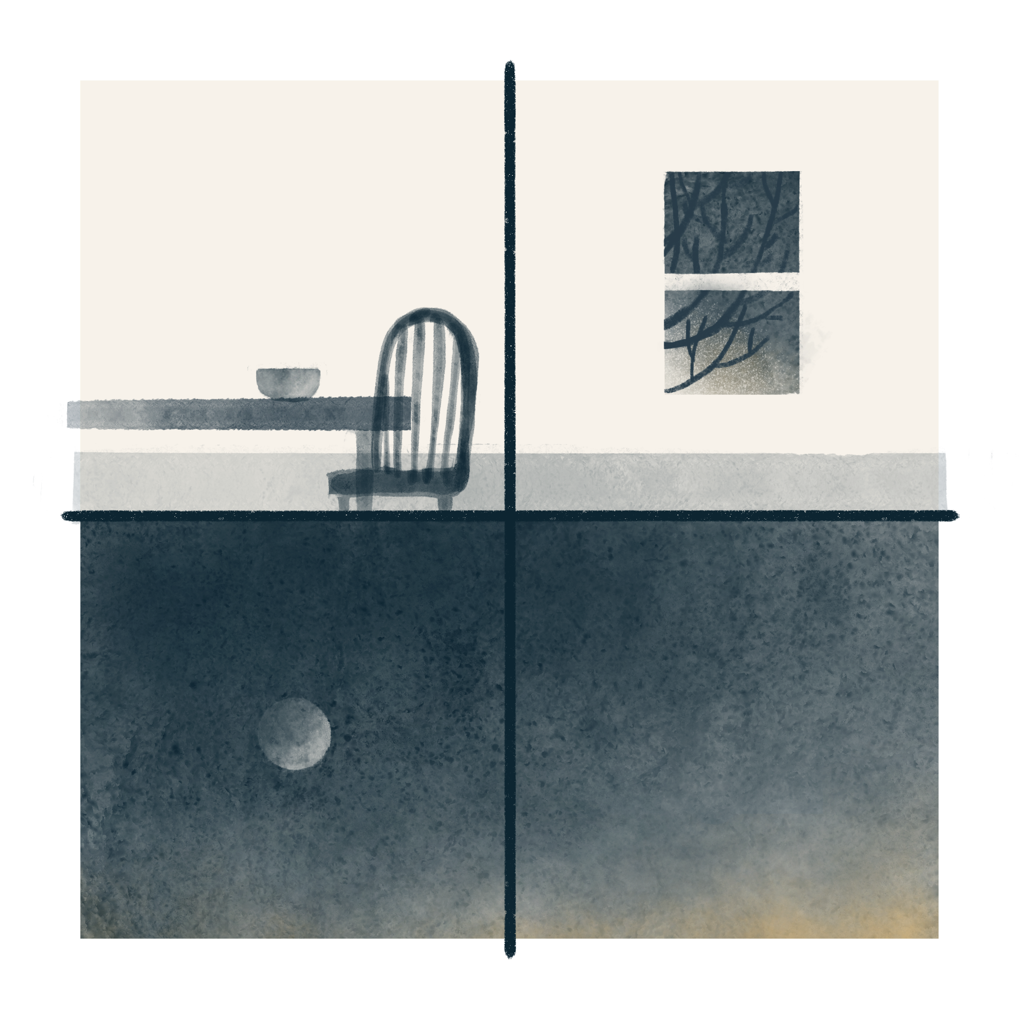Image: Table with an empty bowl. An empty chair. A window looks onto a darkening sky. A moon floats in the darkening dusk. (Copy)