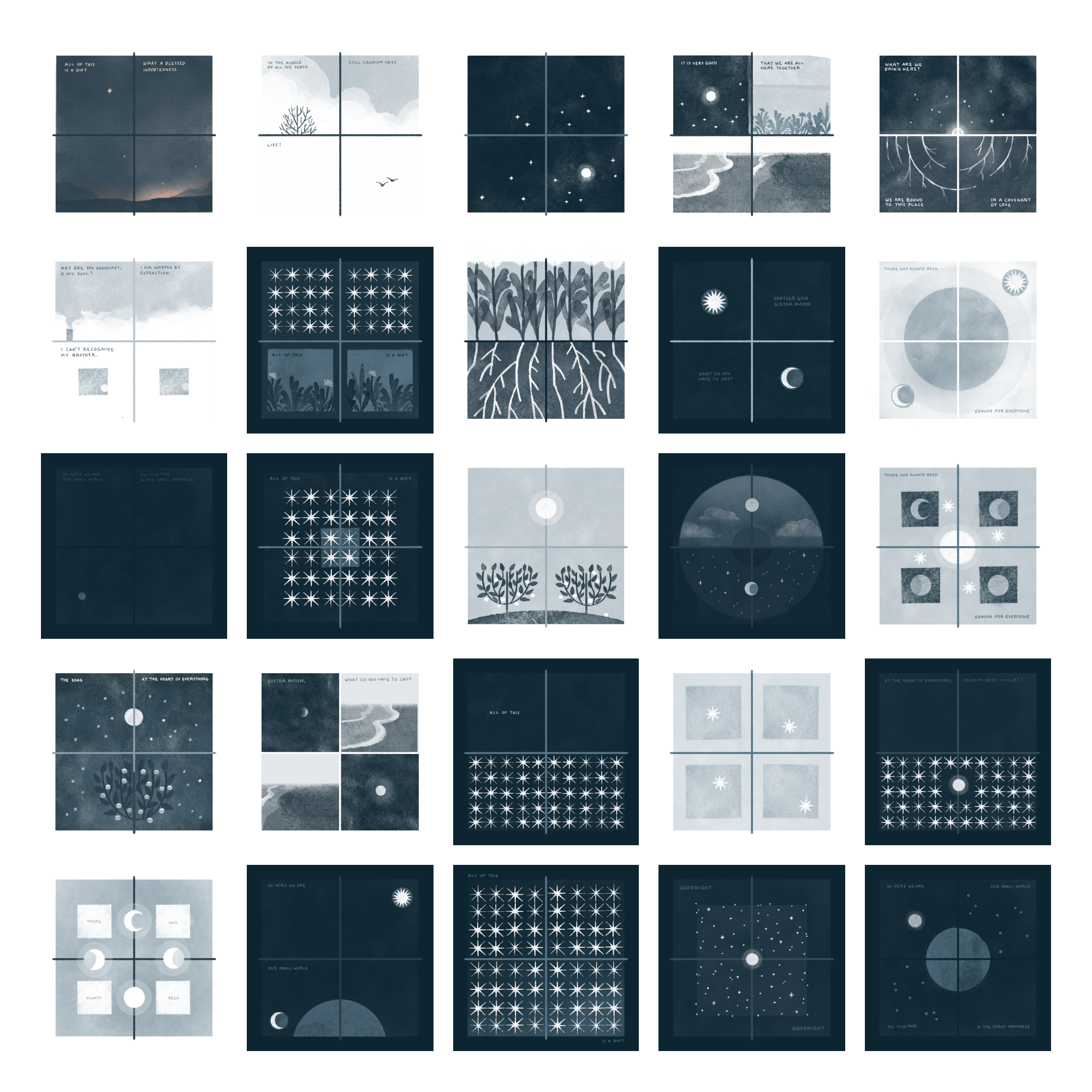Grid of 25 4-panel poetic comics in monochrome blue watercolor style. Images include stars in a night sky, abstract celestial bodies that look like moons or suns, and repetitive geometric patterns alluding to quilts.