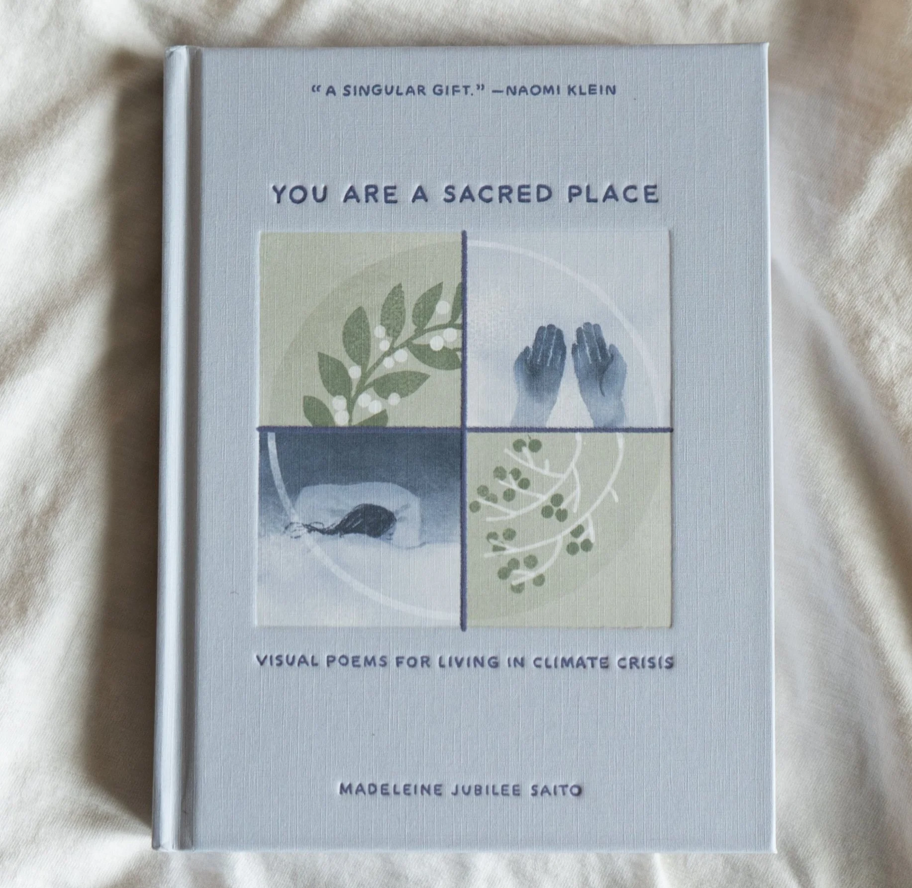 Photo of a light blue book titled "You are a sacred place: Visual poems for living in climate crisis" by Madeleine Jubilee Saito with a blurb from Naomi Klein. The book cover has an image of a blue and green four panel comic with nature imagery.