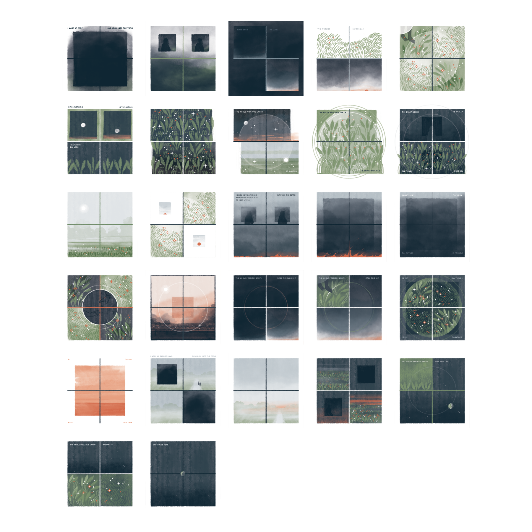 Grid of 27 4-panel poetic comics in watercolor style. Images include a dark square tomb, mist, red flames, bright green grass with dew, dark feet on grass, and red sunrises.