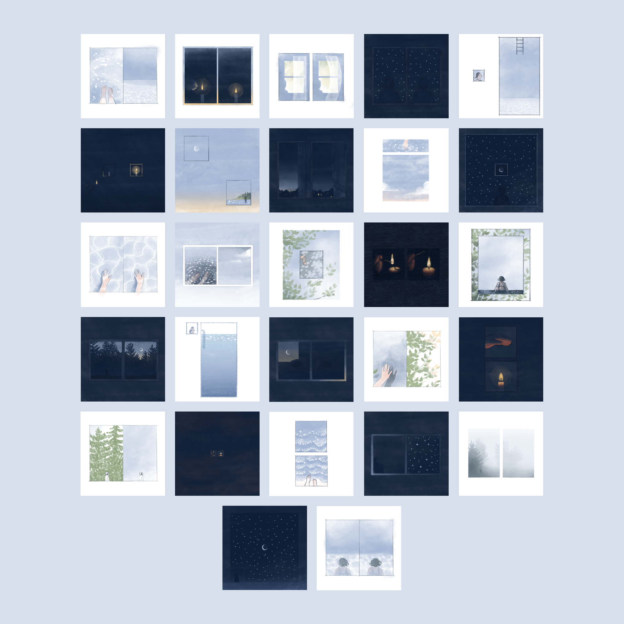 Grid of 27 wordless two-panel comics in watercolor style. Images include hands hovering over water, candles shining dimly in darkness, and people submersed in pools and lakes.