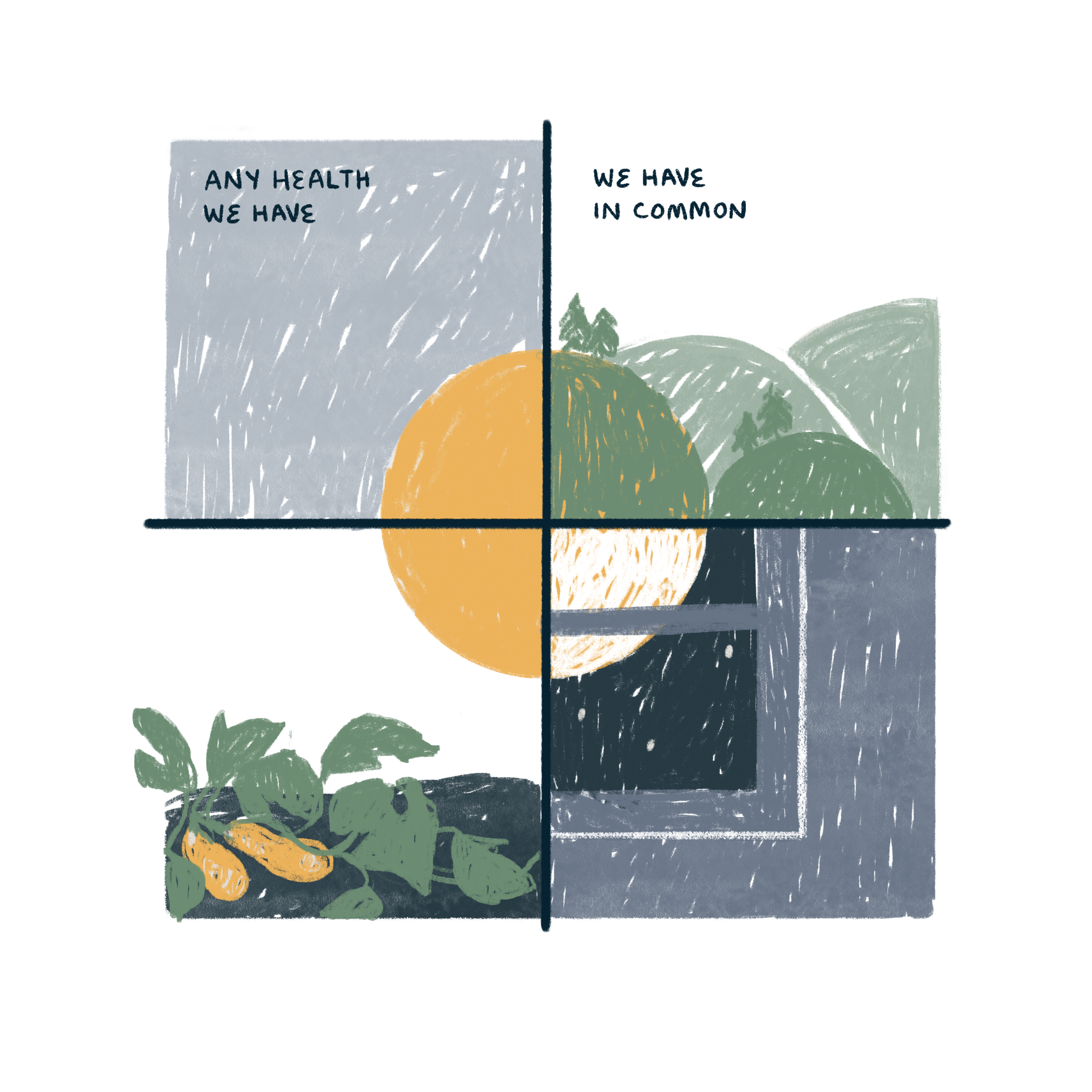 Text: Any health we have, we have in common. Image: A circle is split into four parts: A sun shining on a garden growing squash, a green hill, a moon seen through a window (Copy) (Copy) (Copy)