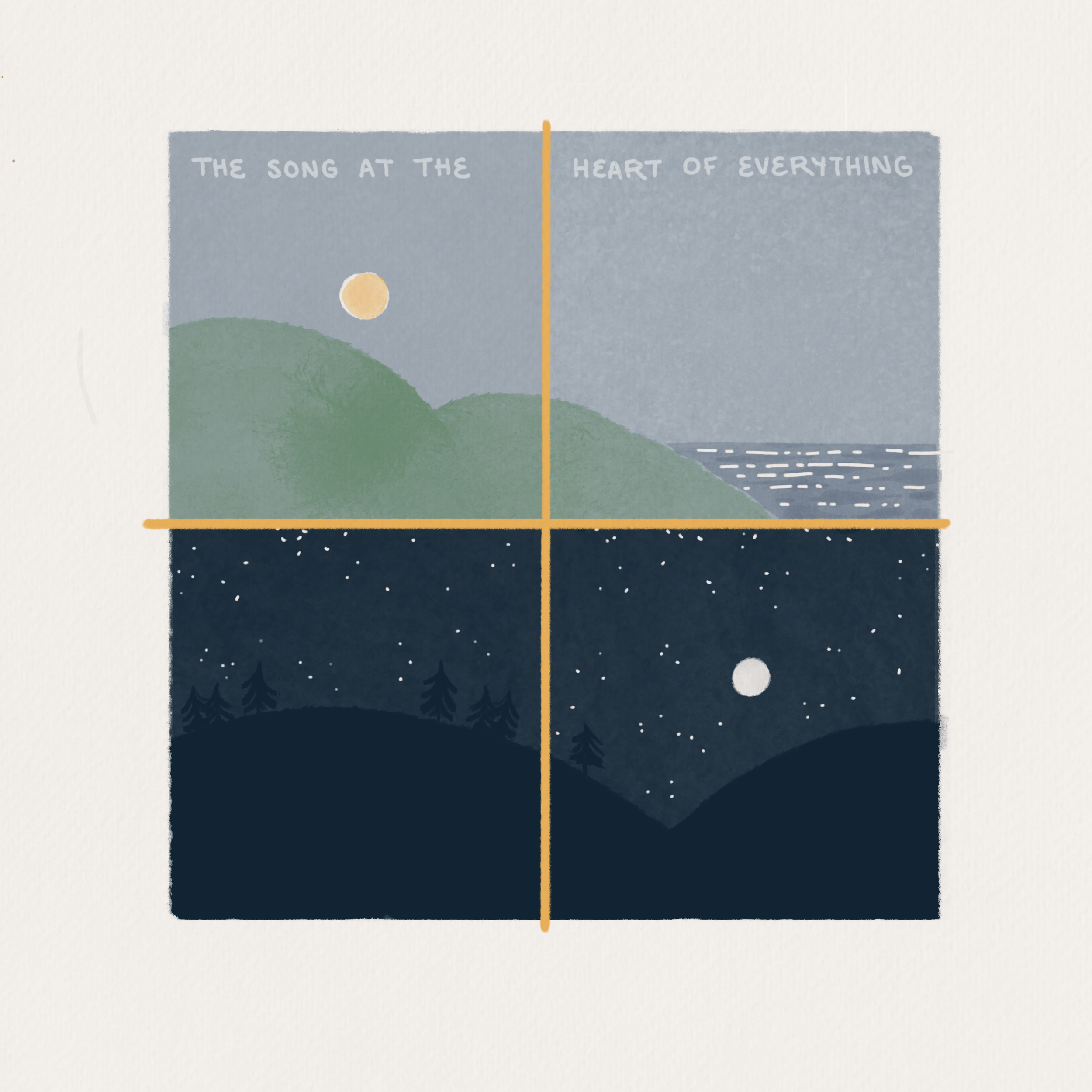 Text: The song at the heart of everything. Image: Round sun shines over green hills; a round moon in a starry sky shines over dark hills. (Copy) (Copy) (Copy)